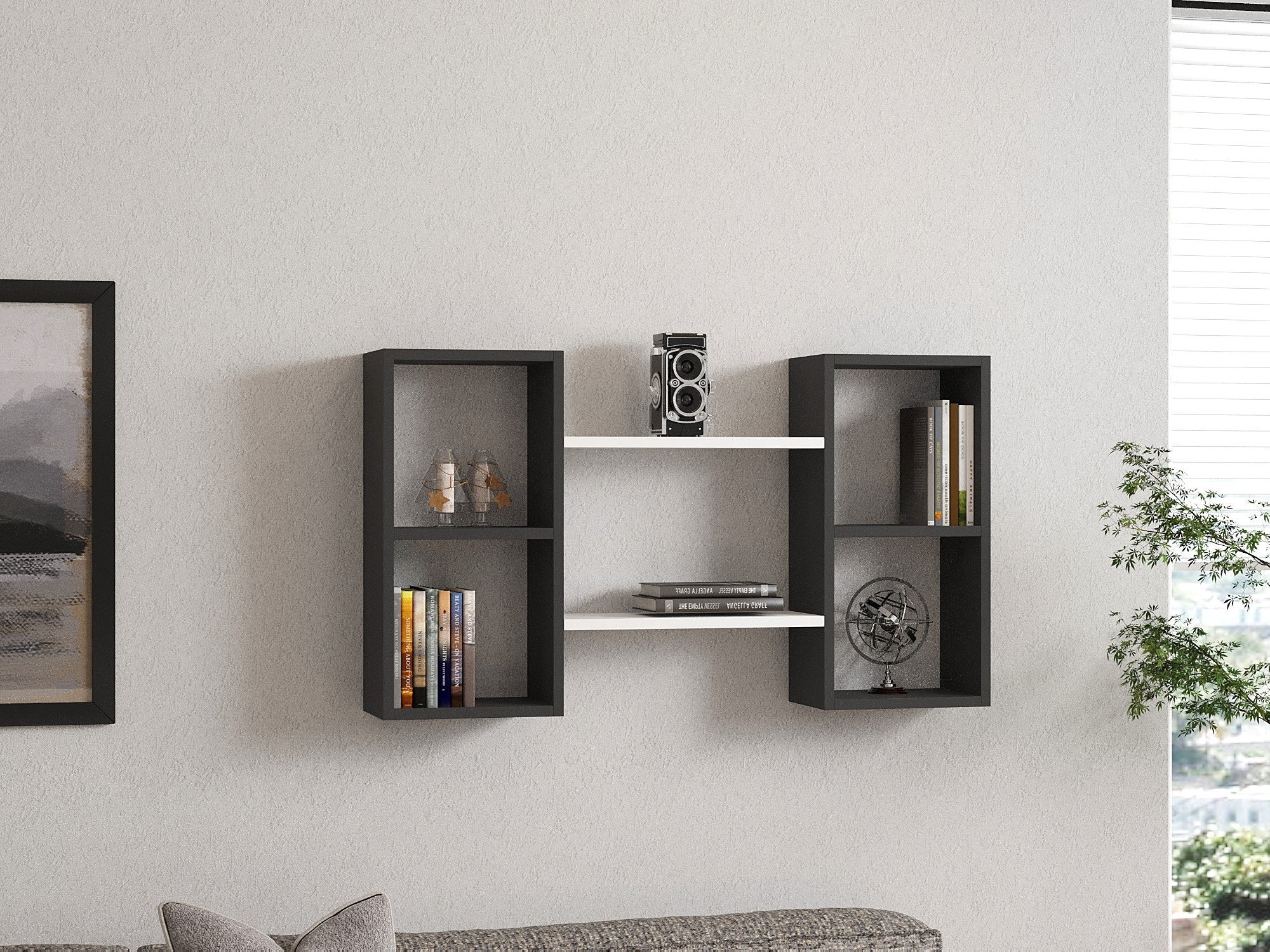 Prateleira de parede – 105cm x 60cm x 20cm – Branco e Antracite – Painel de partículas revestido a melamina