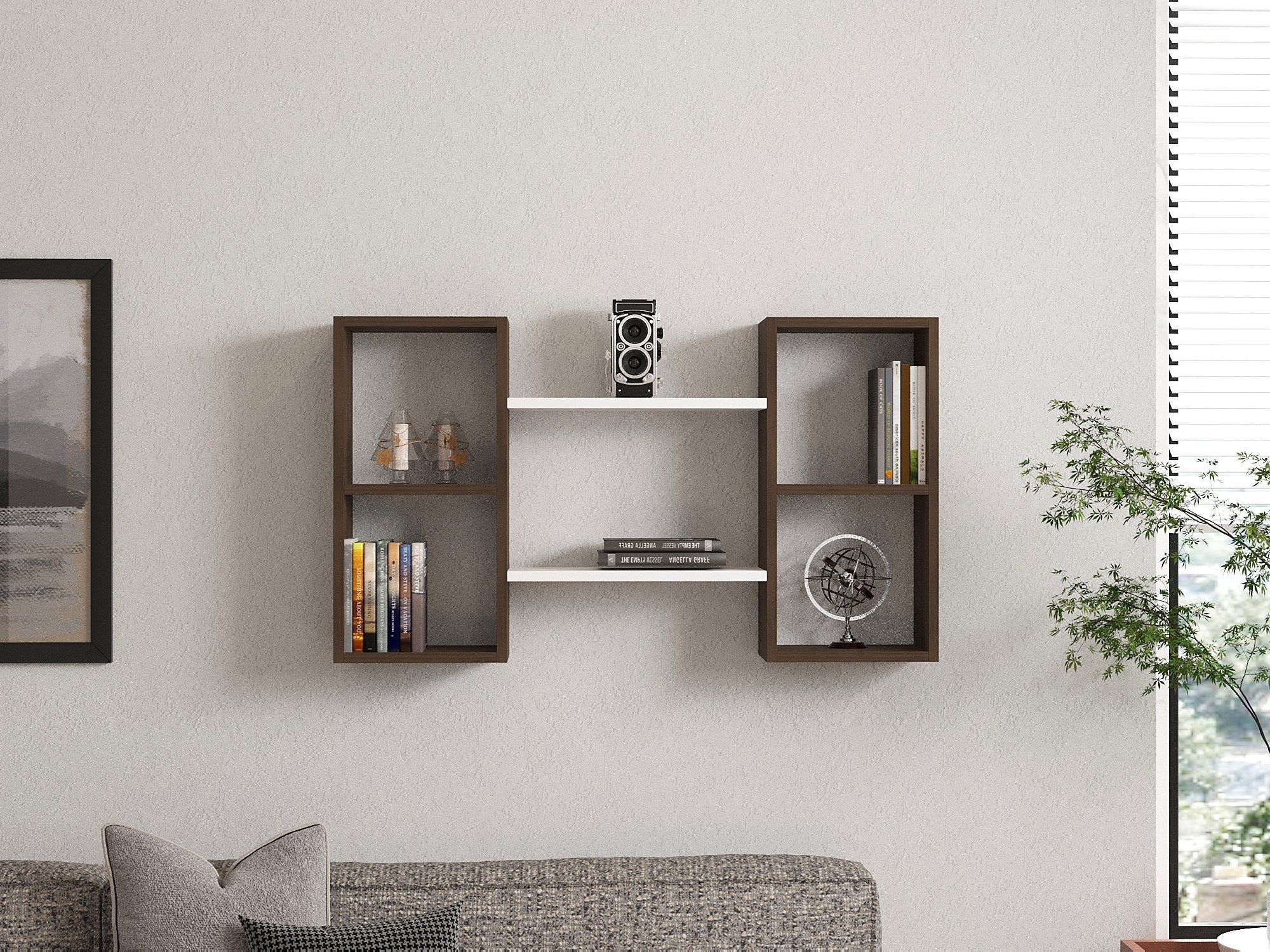 Prateleira de parede – 105 cm x 60 cm x 20 cm – Branco e Nogueira – Painel de partículas revestido a melamina