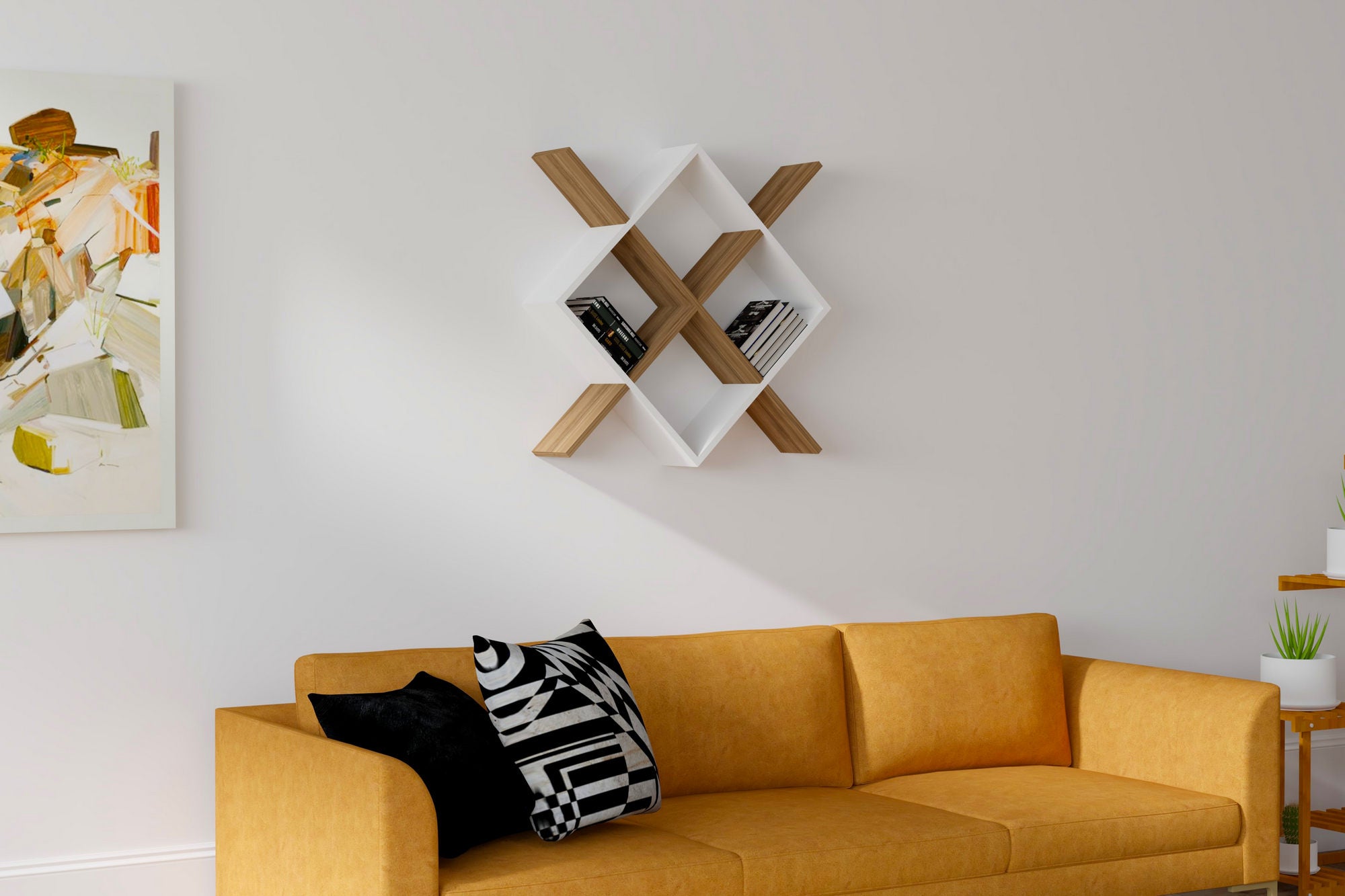 Prateleira de parede – 79 cm x 79 cm x 19,6 cm – Nogueira e Branco – Painel de partículas revestido a melamina
