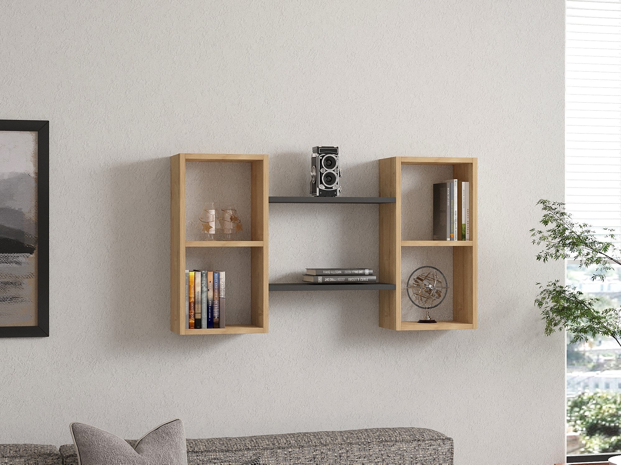 Prateleira de parede – 105 cm x 60 cm x 19,6 cm – Safira e Antracite – Painel de partículas revestido a melamina