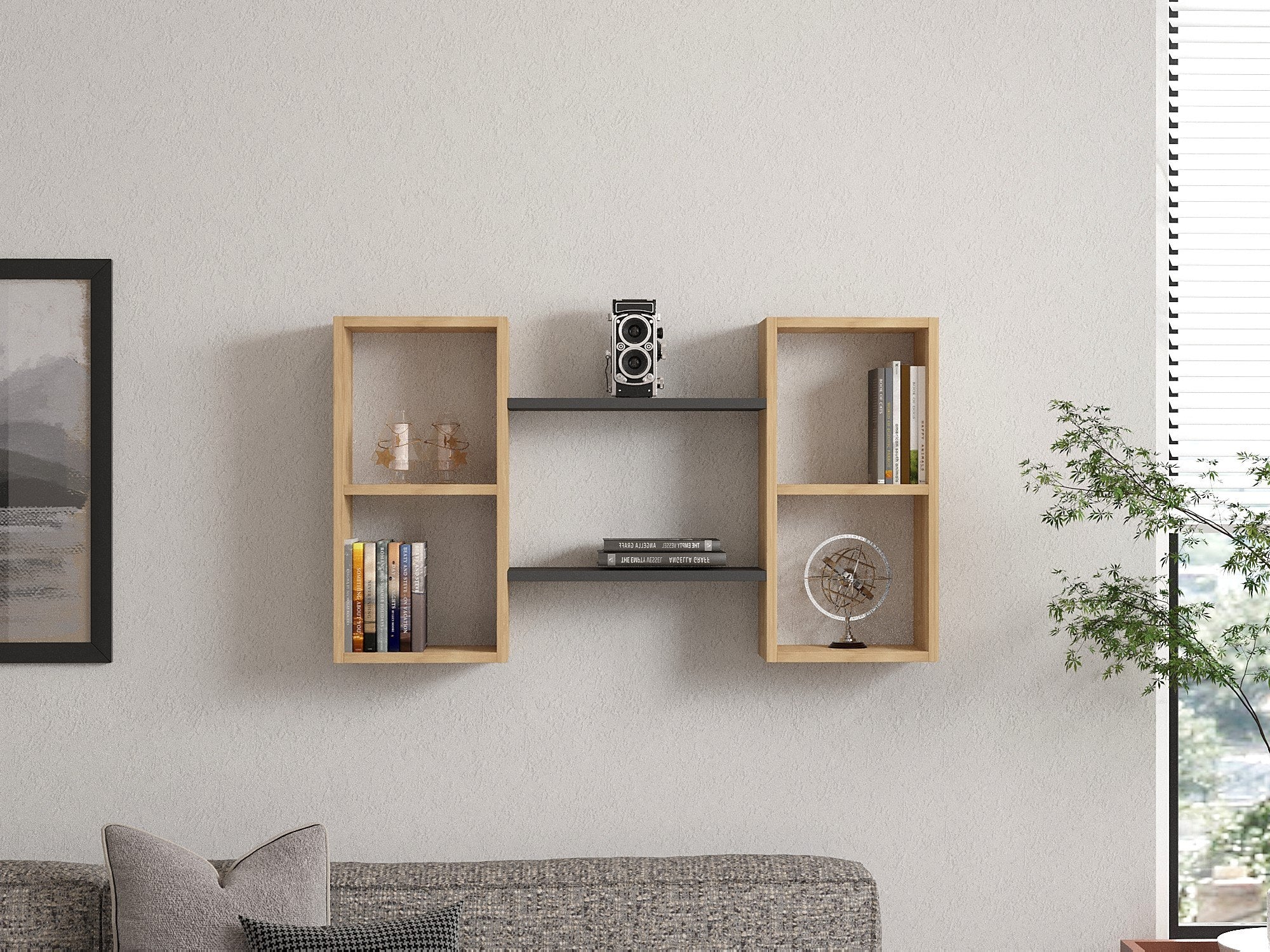 Prateleira de parede – 105 cm x 60 cm x 19,6 cm – Safira e Antracite – Painel de partículas revestido a melamina