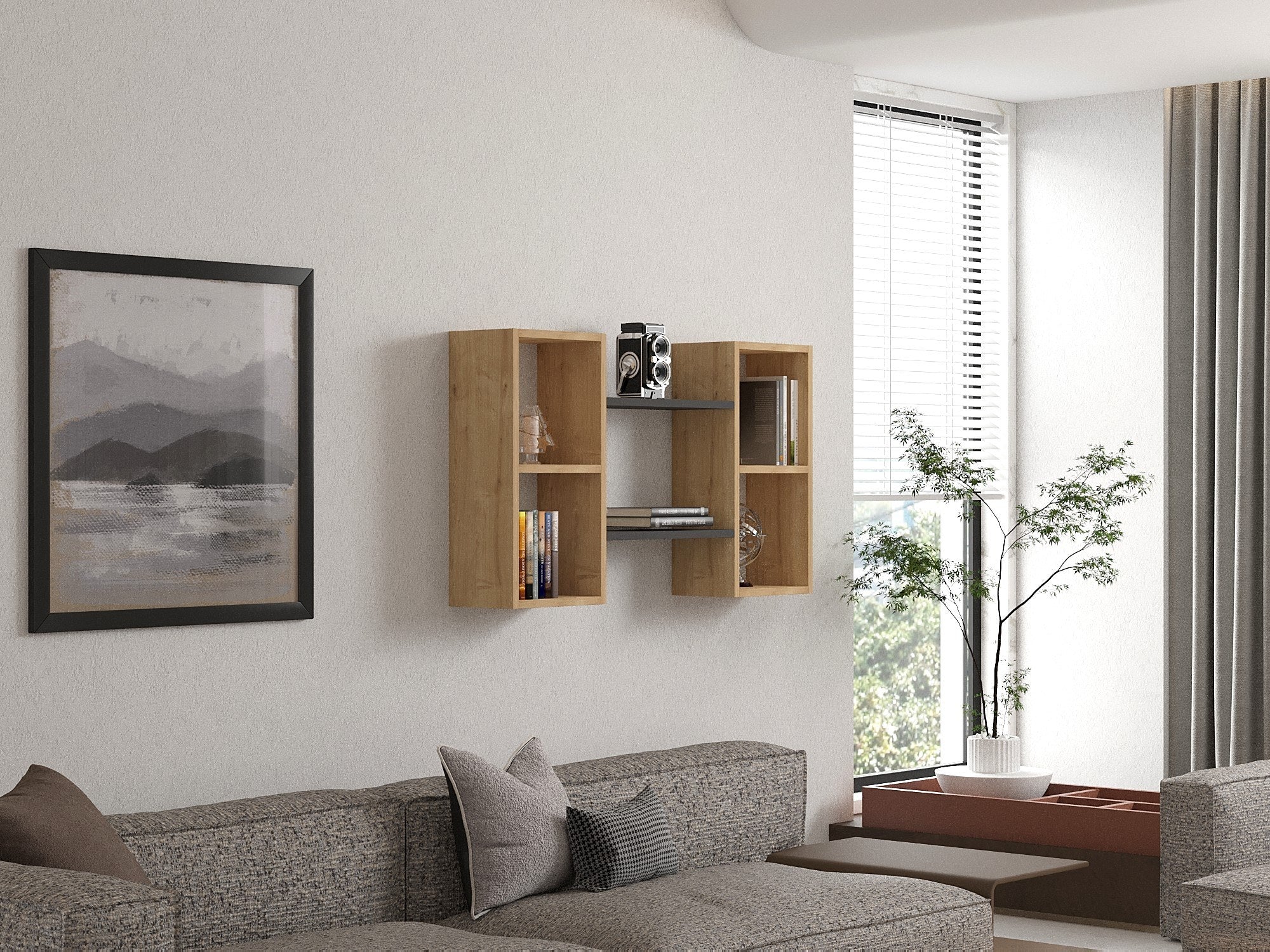Prateleira de parede – 105 cm x 60 cm x 19,6 cm – Safira e Antracite – Painel de partículas revestido a melamina