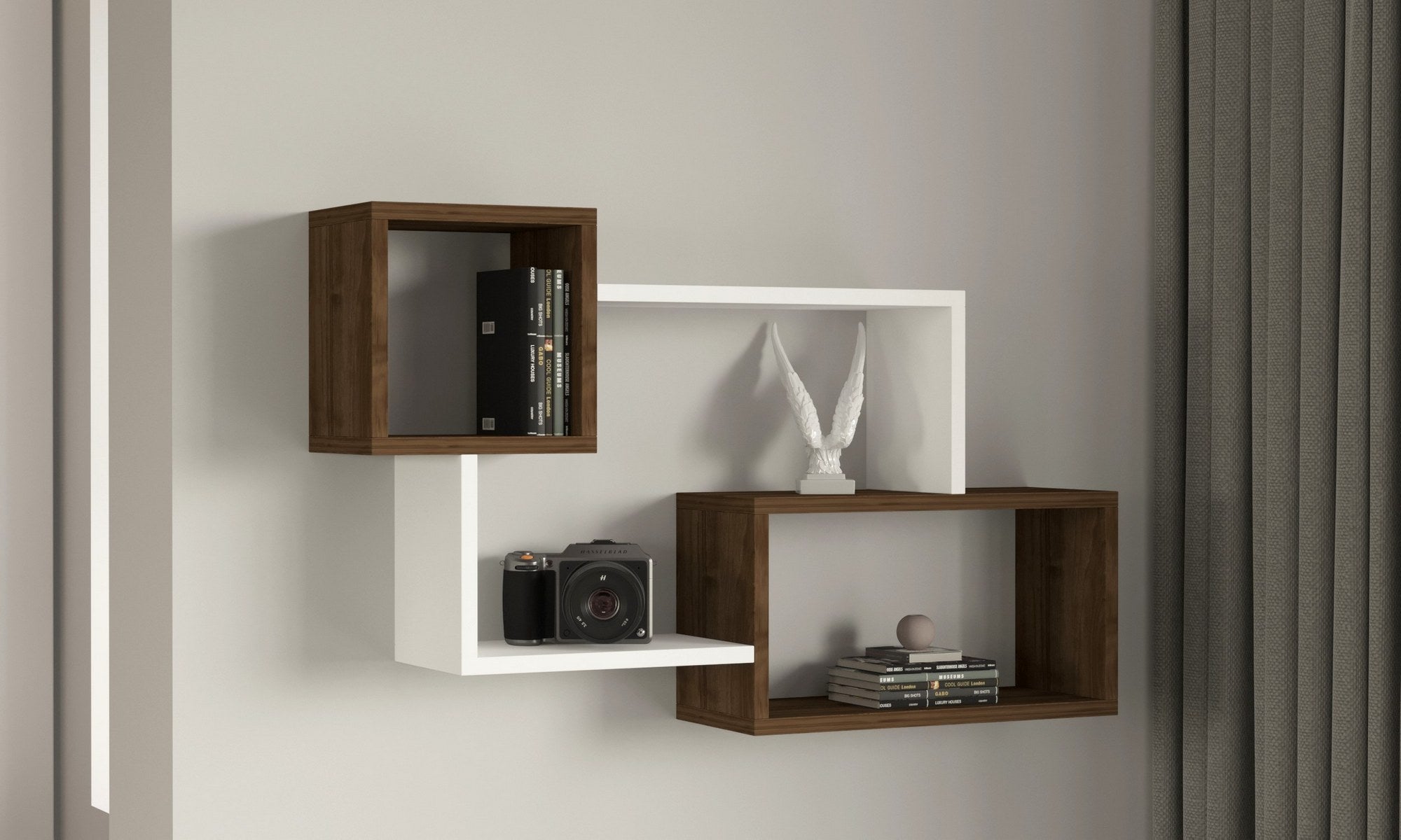 Prateleira de parede – 90.6 cm x 51 cm x 22 cm – Branco e Nogueira – Painel de partículas revestido a melamina