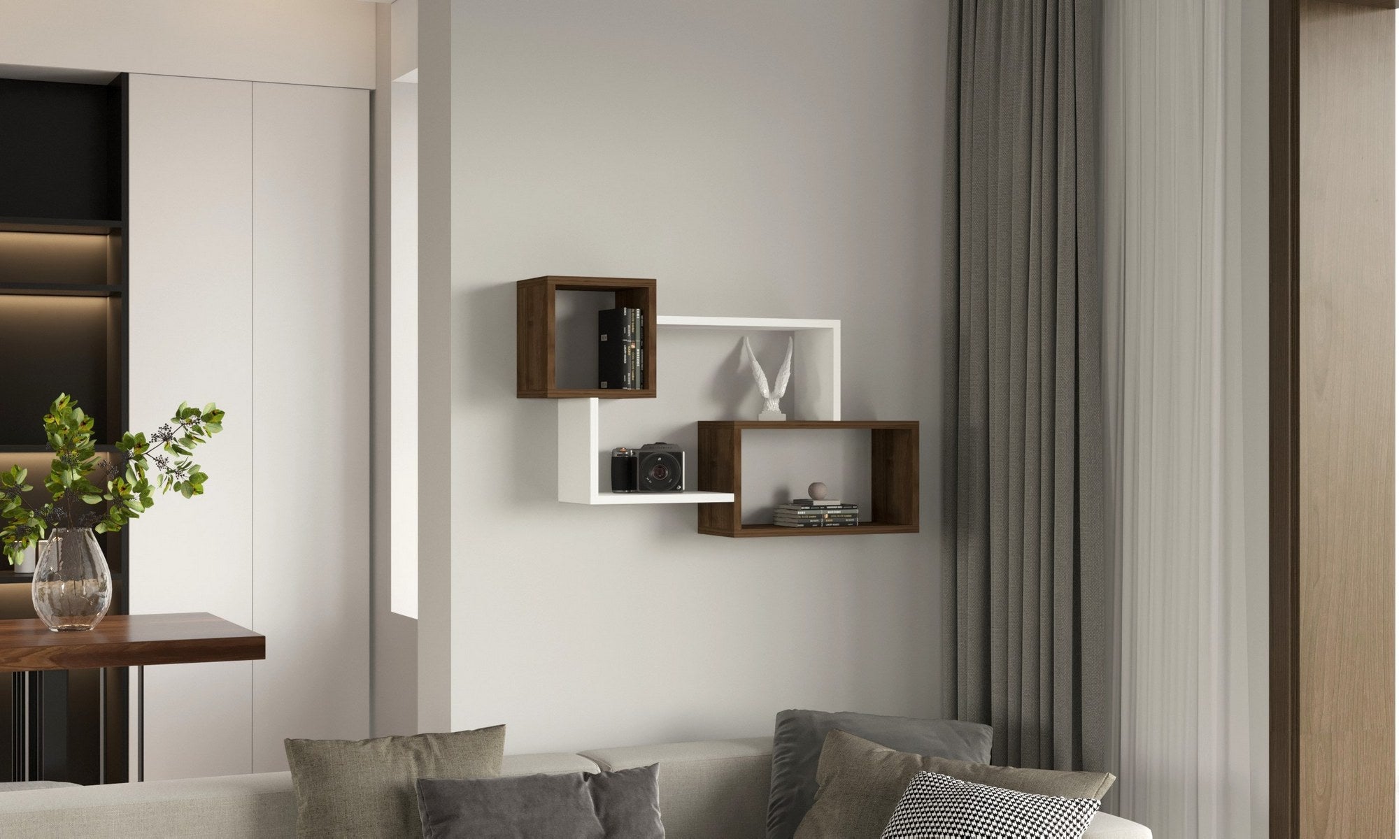 Prateleira de parede – 90.6 cm x 51 cm x 22 cm – Branco e Nogueira – Painel de partículas revestido a melamina