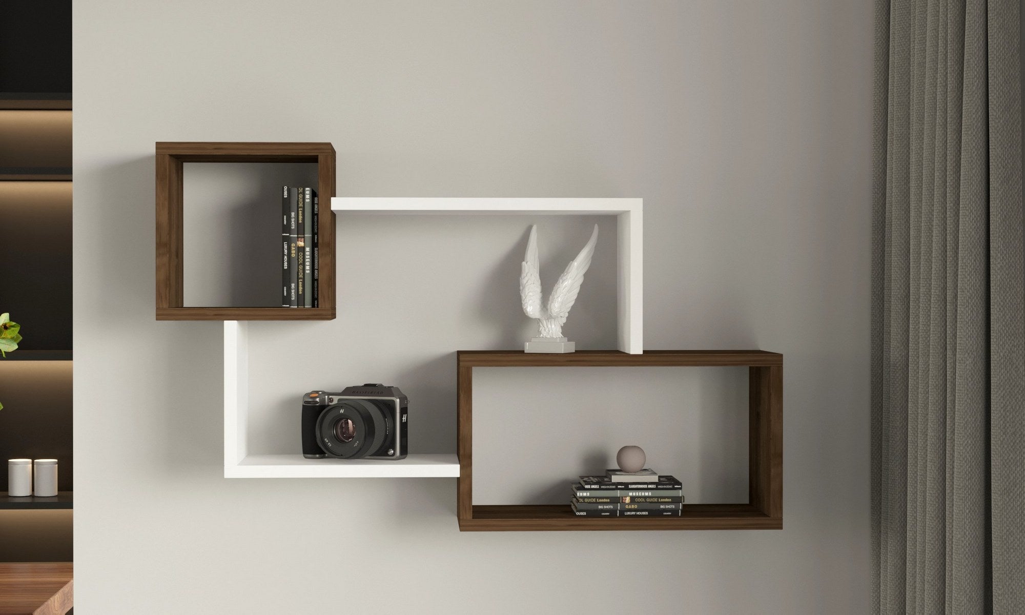 Prateleira de parede – 90.6 cm x 51 cm x 22 cm – Branco e Nogueira – Painel de partículas revestido a melamina