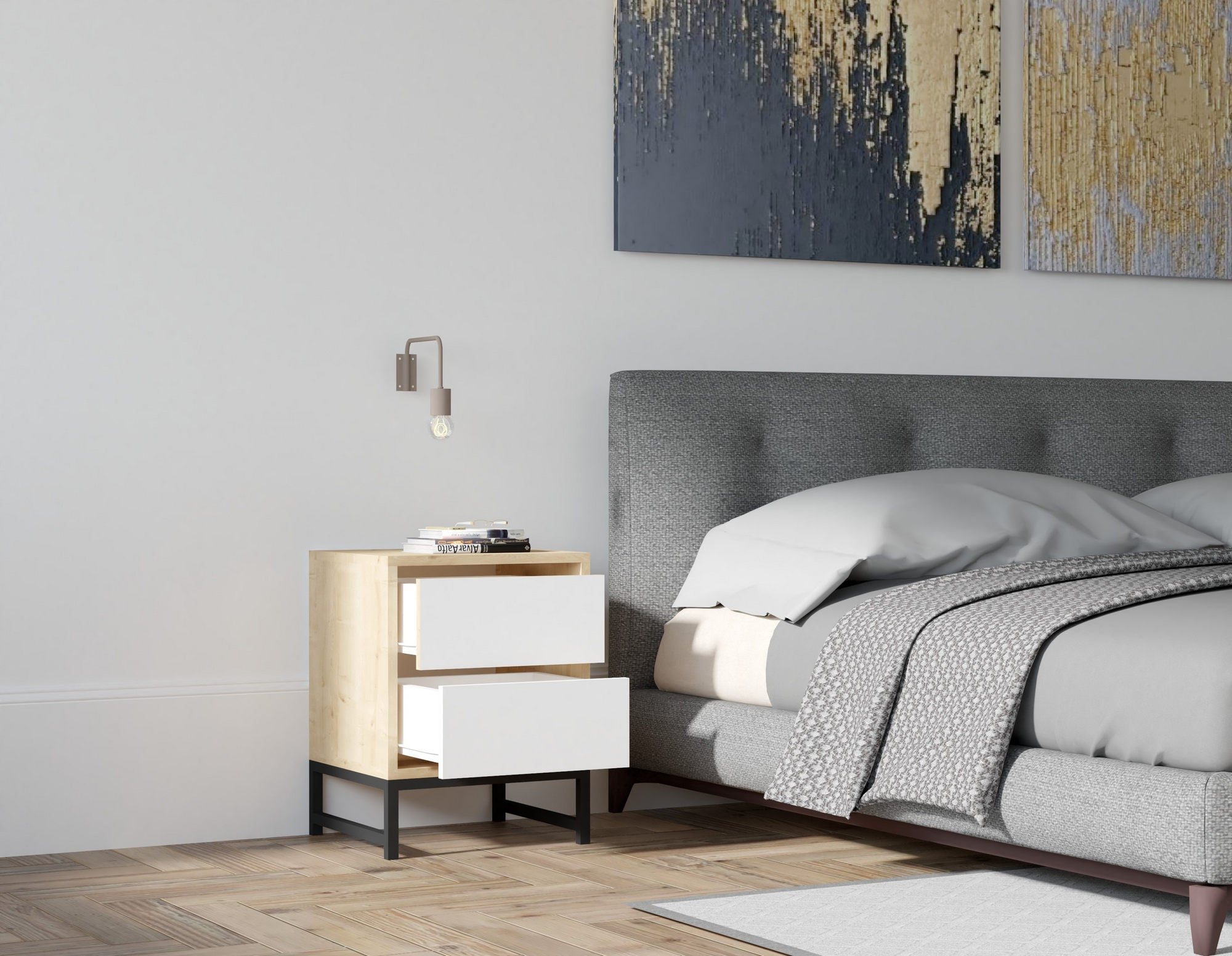Mesa de cabeceira – 40 cm x 55 cm x 40 cm – Safira e Branco – Painel de partículas