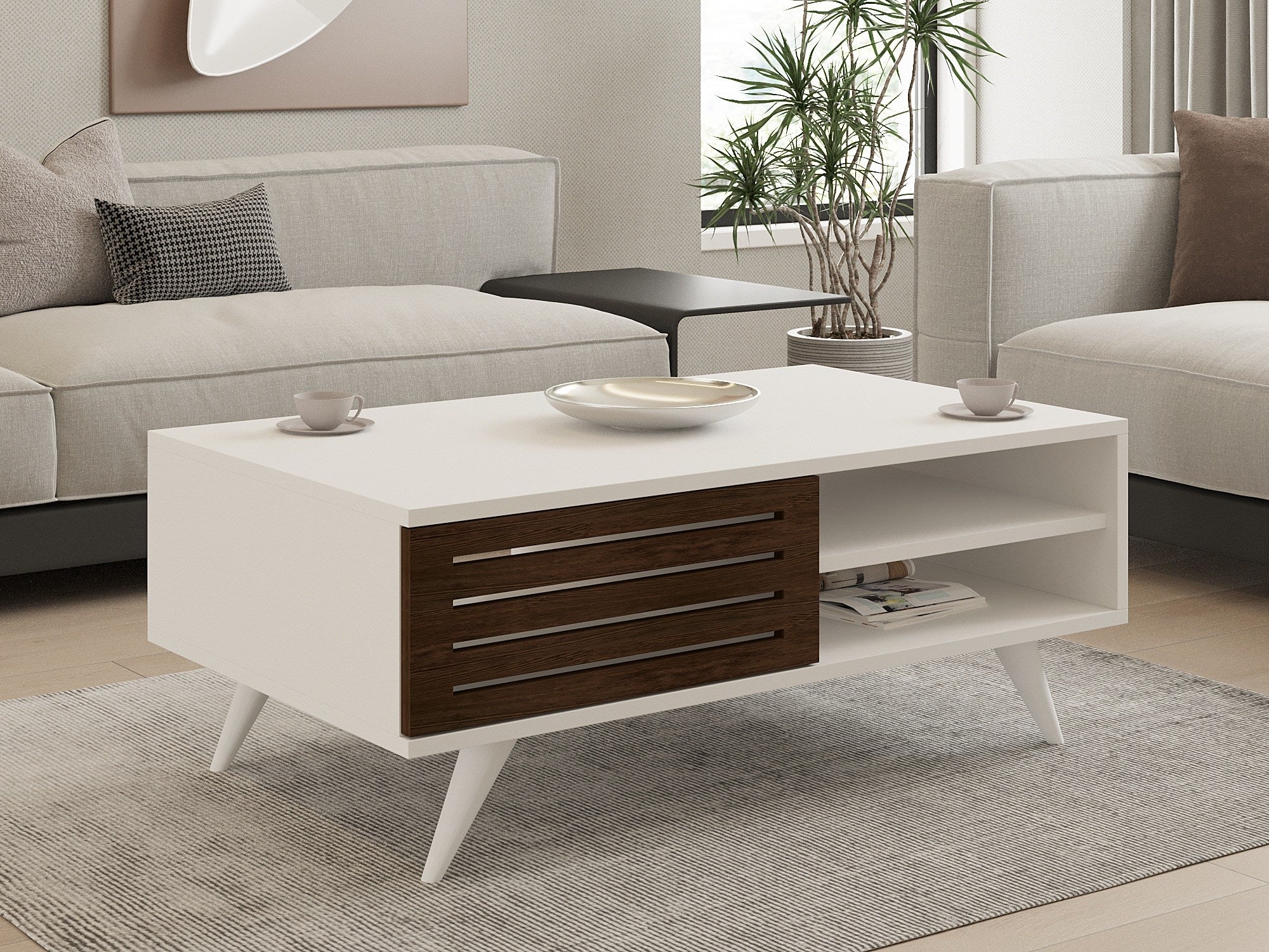 Mesa de Centro – 100 x 60 x 42 cm – Nogueira e Branco – Painel de Partículas