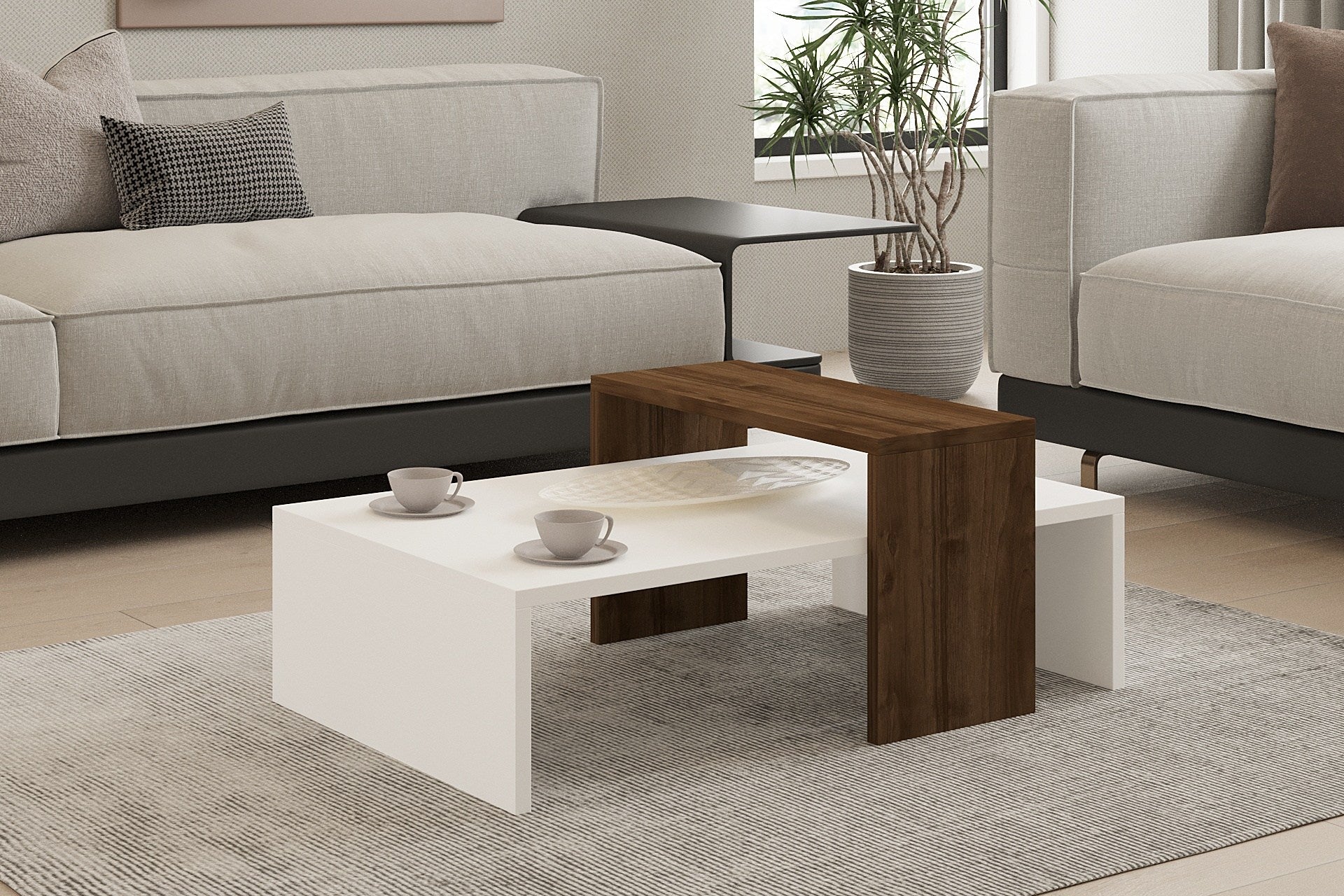 Mesa de Centro Escandinava – 80 x 50 x 31,8 cm – Nogueira e Branco – Painel de Partículas
