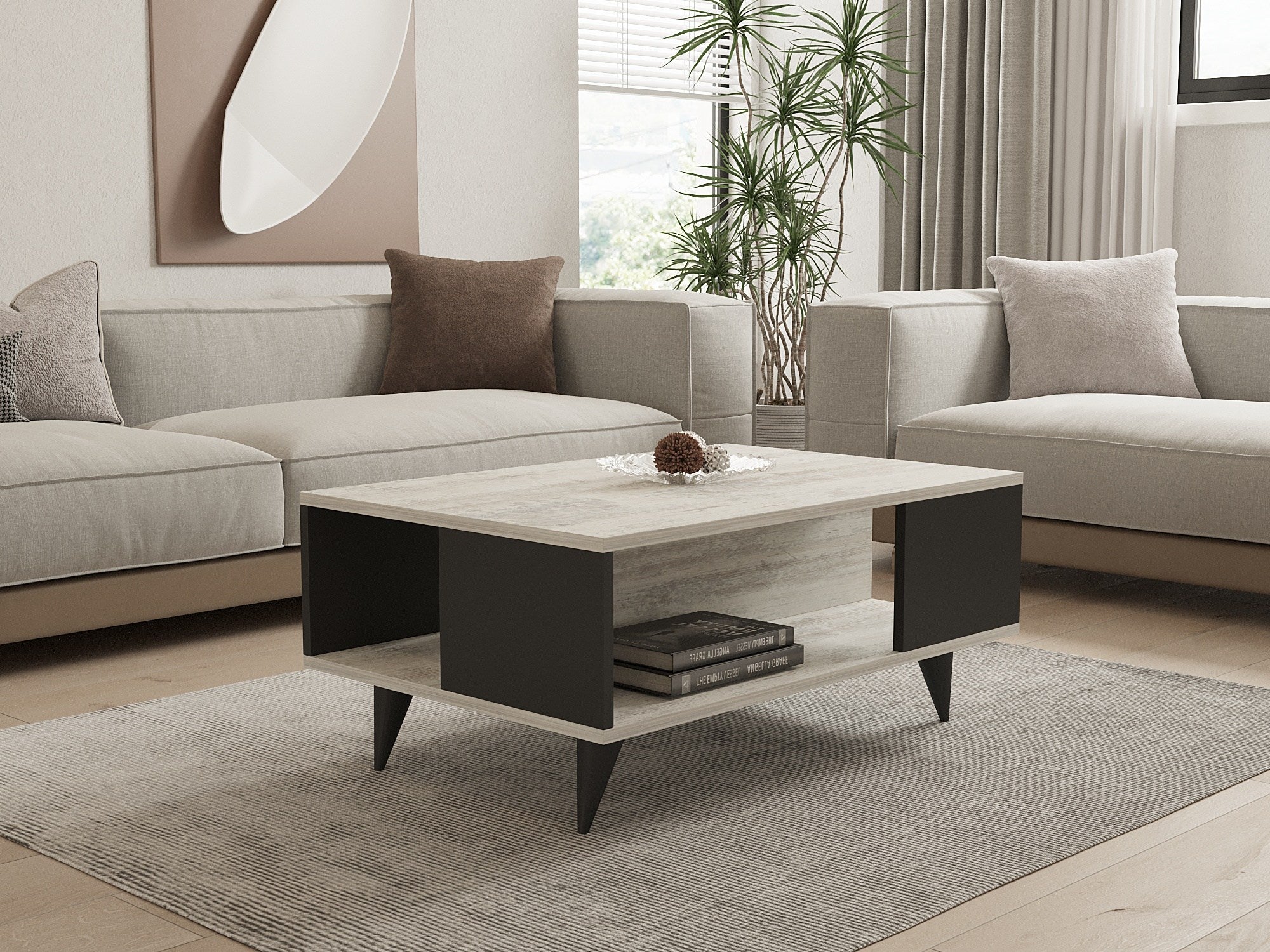 Mesa de Centro – 90cm x 60cm x 39,5cm – Branco e Preto – Painel de Partículas