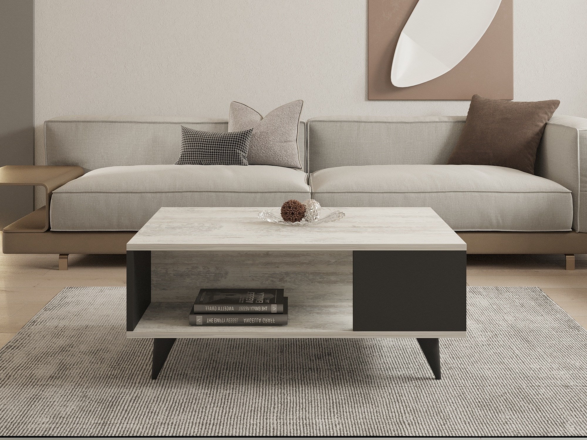 Mesa de Centro – 90cm x 60cm x 39,5cm – Branco e Preto – Painel de Partículas