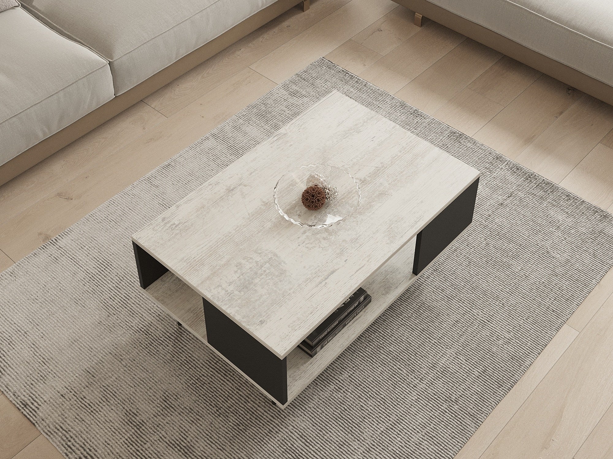 Mesa de Centro – 90cm x 60cm x 39,5cm – Branco e Preto – Painel de Partículas