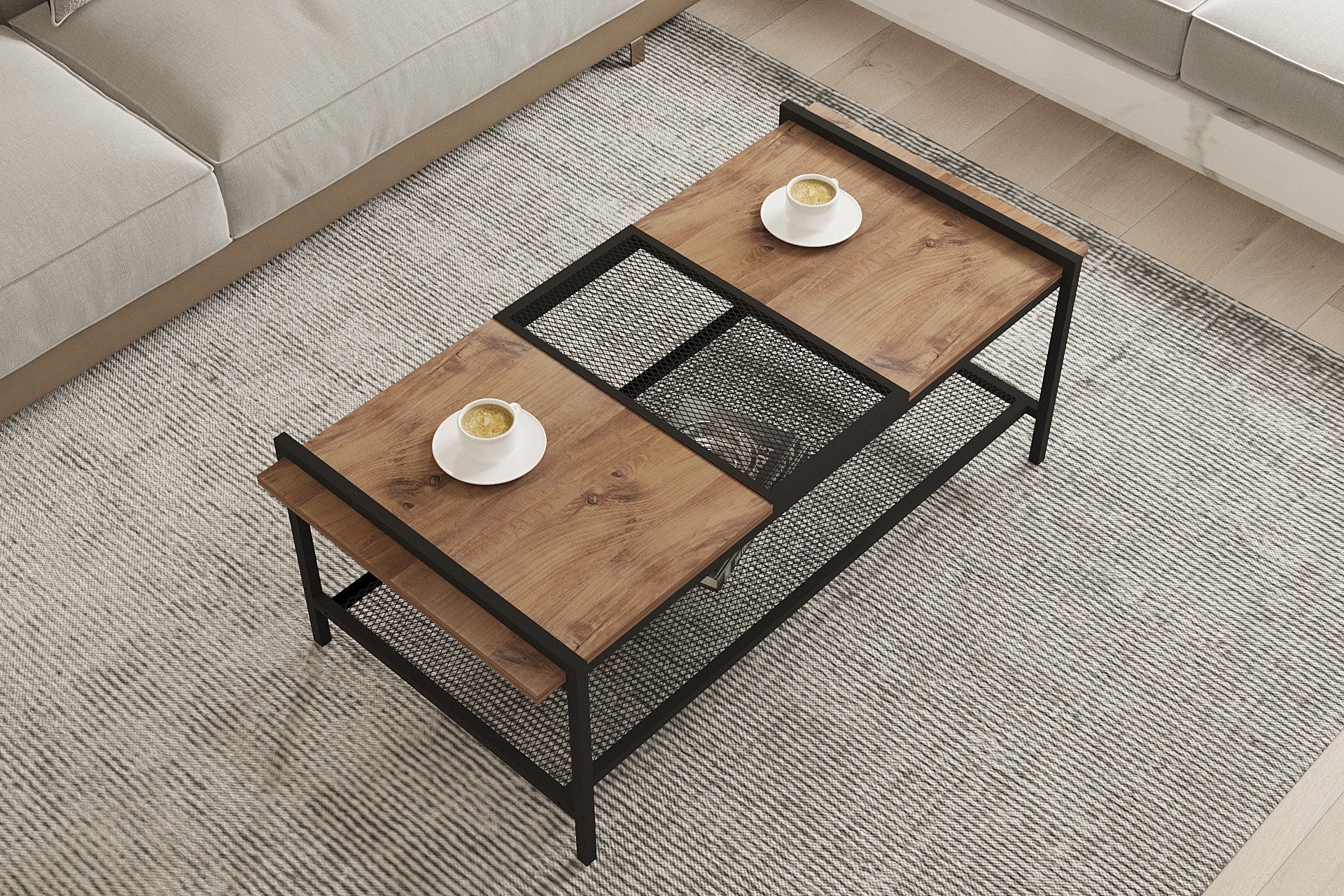 Mesa de Centro – 120 cm x 45 cm x 54 cm – Pinho do Atlântico e Preto – Painéis de Partículas