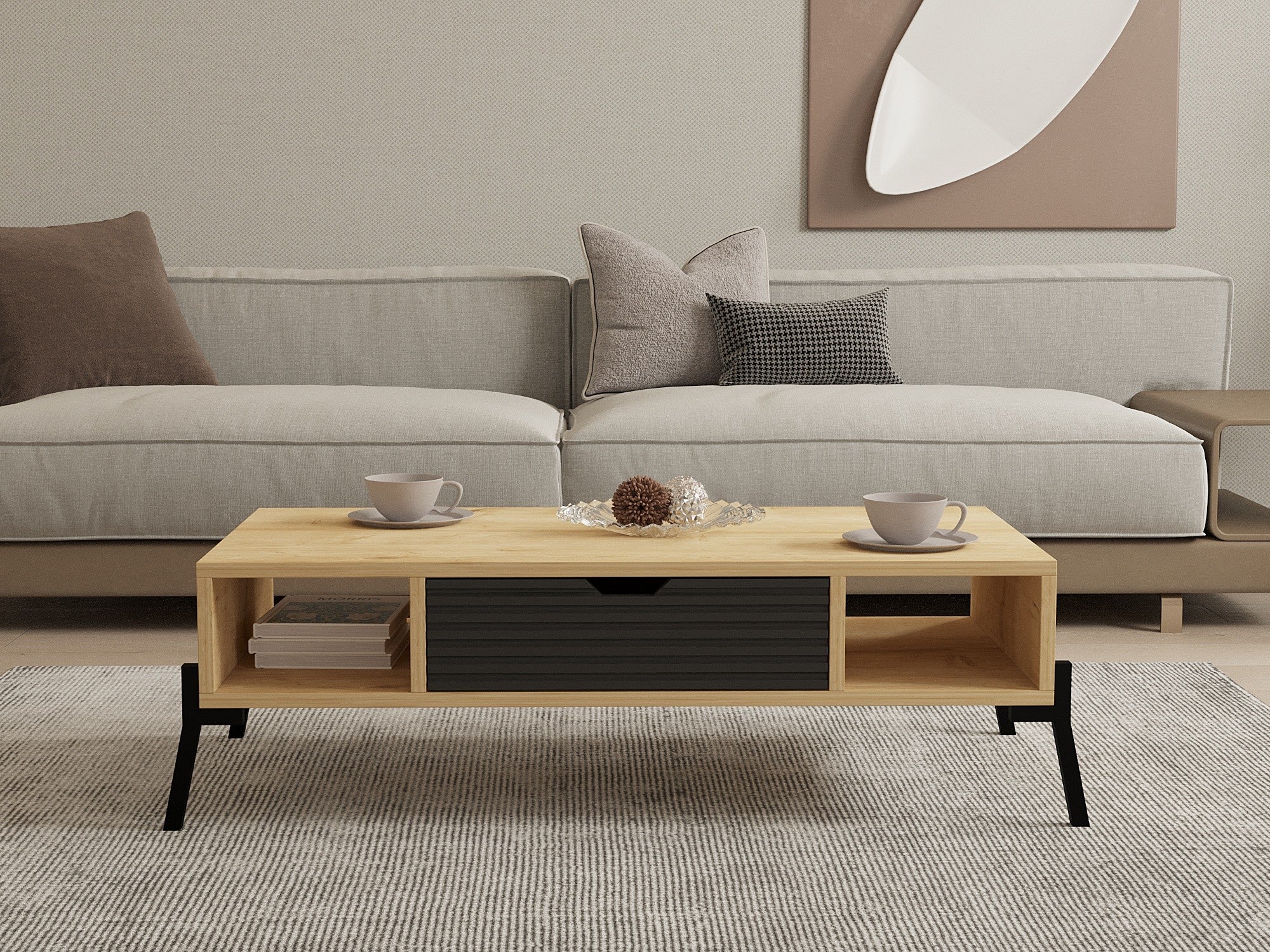 Mesa de Centro – 100 cm x 28,2 cm x 50 cm – Carvalho Safira e Antracite – MDF e Ferro