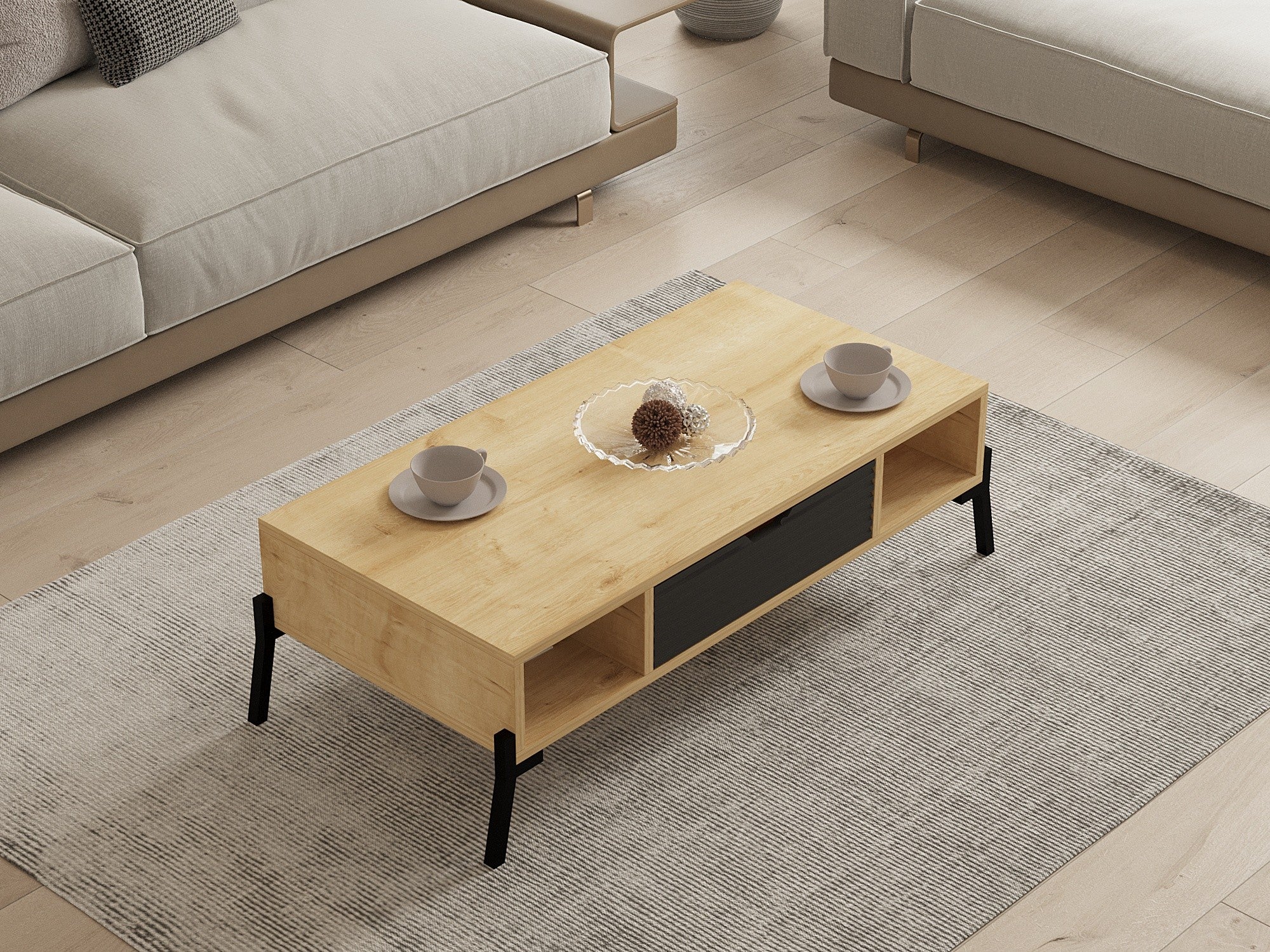 Mesa de Centro – 100 cm x 28,2 cm x 50 cm – Carvalho Safira e Antracite – MDF e Ferro