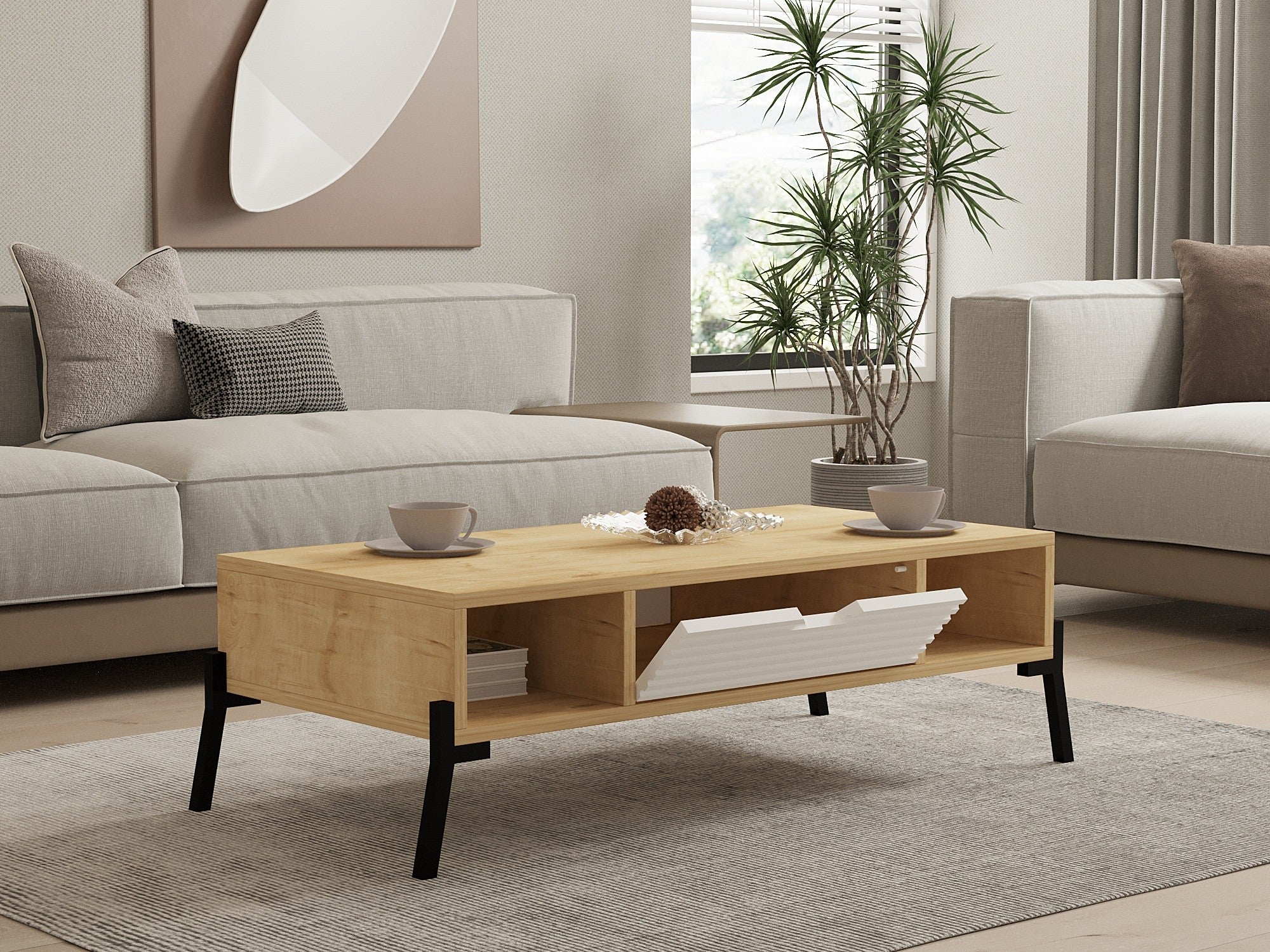 Mesa de Centro – 100cm x 28.2cm x 50cm – Carvalho Safira e Branco – Melamina e Ferro