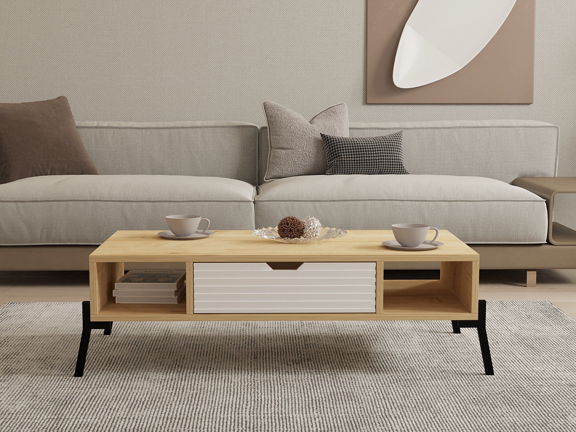 Mesa de Centro – 100cm x 28.2cm x 50cm – Carvalho Safira e Branco – Melamina e Ferro