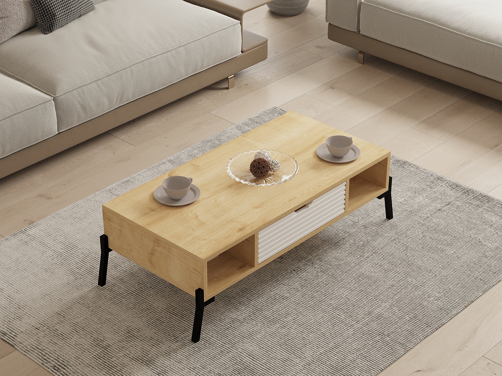 Mesa de Centro – 100cm x 28.2cm x 50cm – Carvalho Safira e Branco – Melamina e Ferro