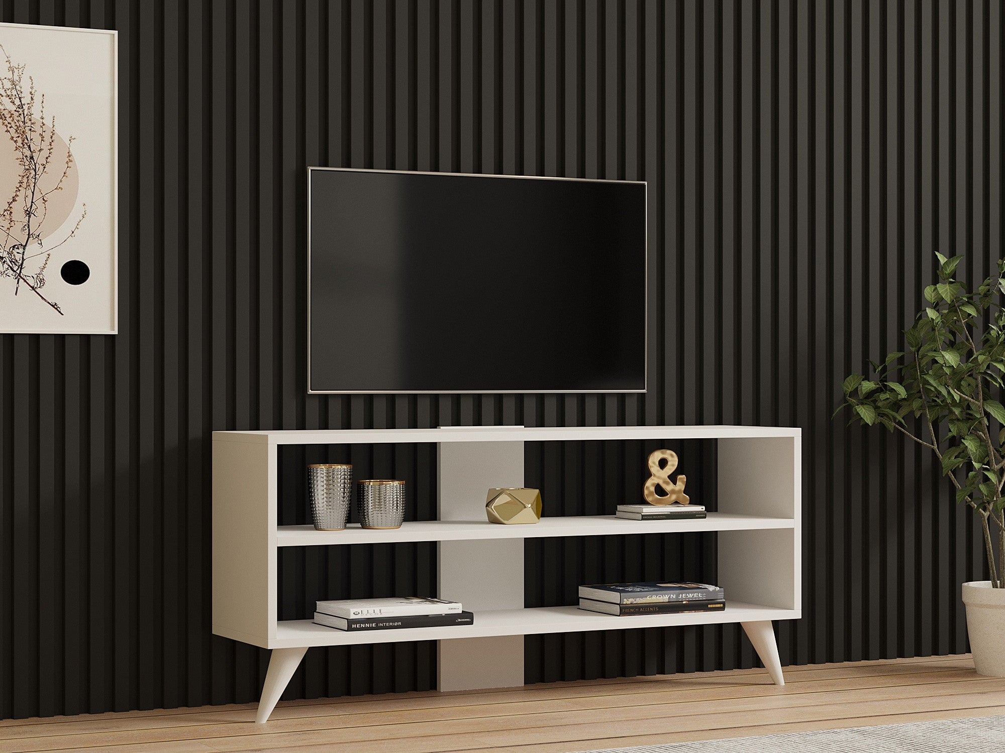 Móvel de TV – 120 cm x 50 cm x 29,6 cm – Branco – Painel de partículas revestido a melamina
