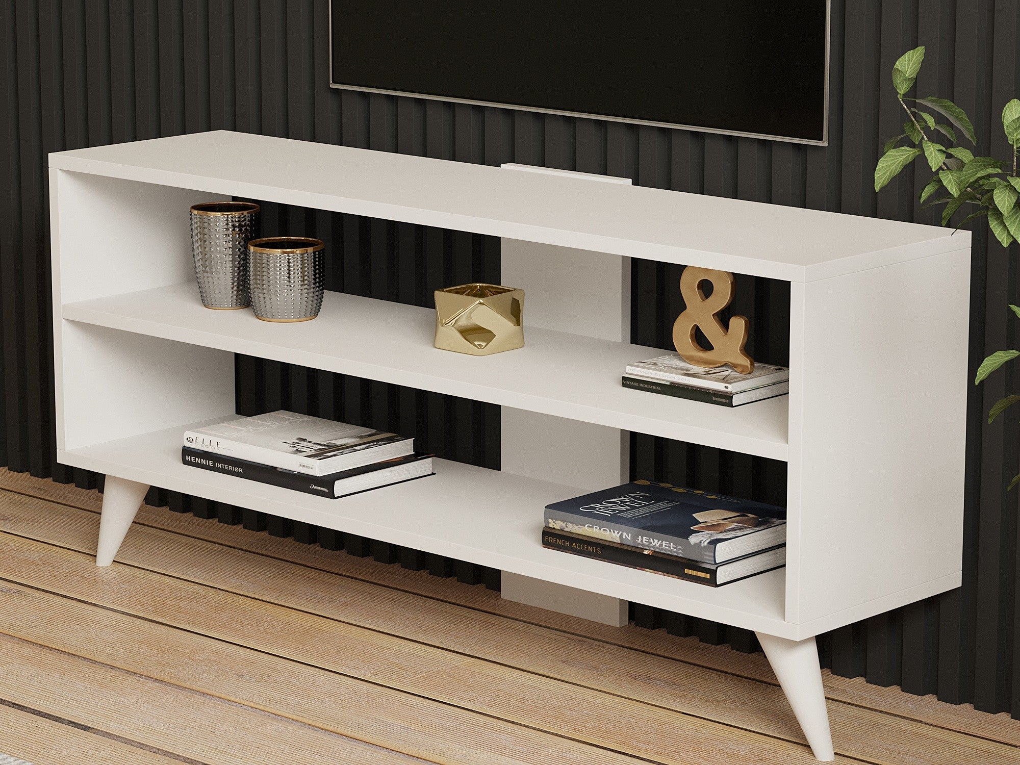 Móvel de TV – 120 cm x 50 cm x 29,6 cm – Branco – Painel de partículas revestido a melamina