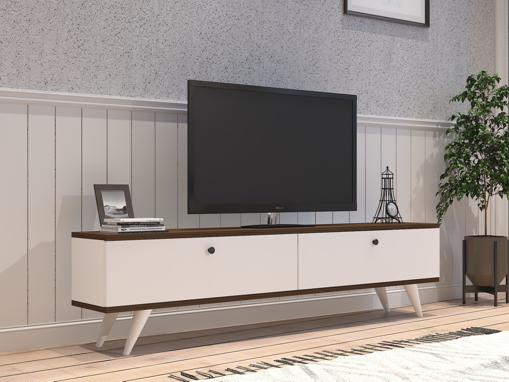 Móvel de TV – 160 x 35 x 25 cm – branco e nogueira – painel de partículas revestido a melamina