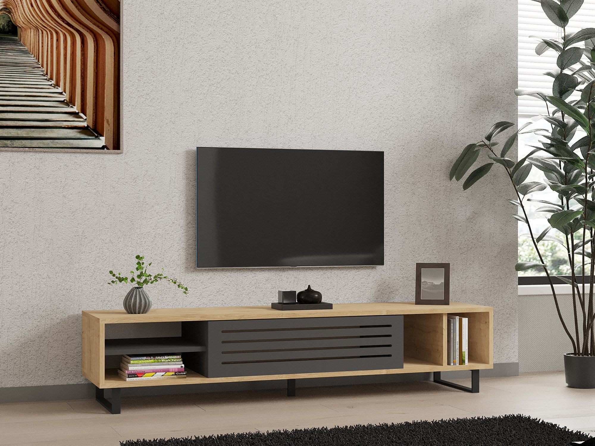 Móvel de TV industrial escandinavo – 160 cm de largura – Safira e Antracite – Painéis de partículas revestidos de melamina