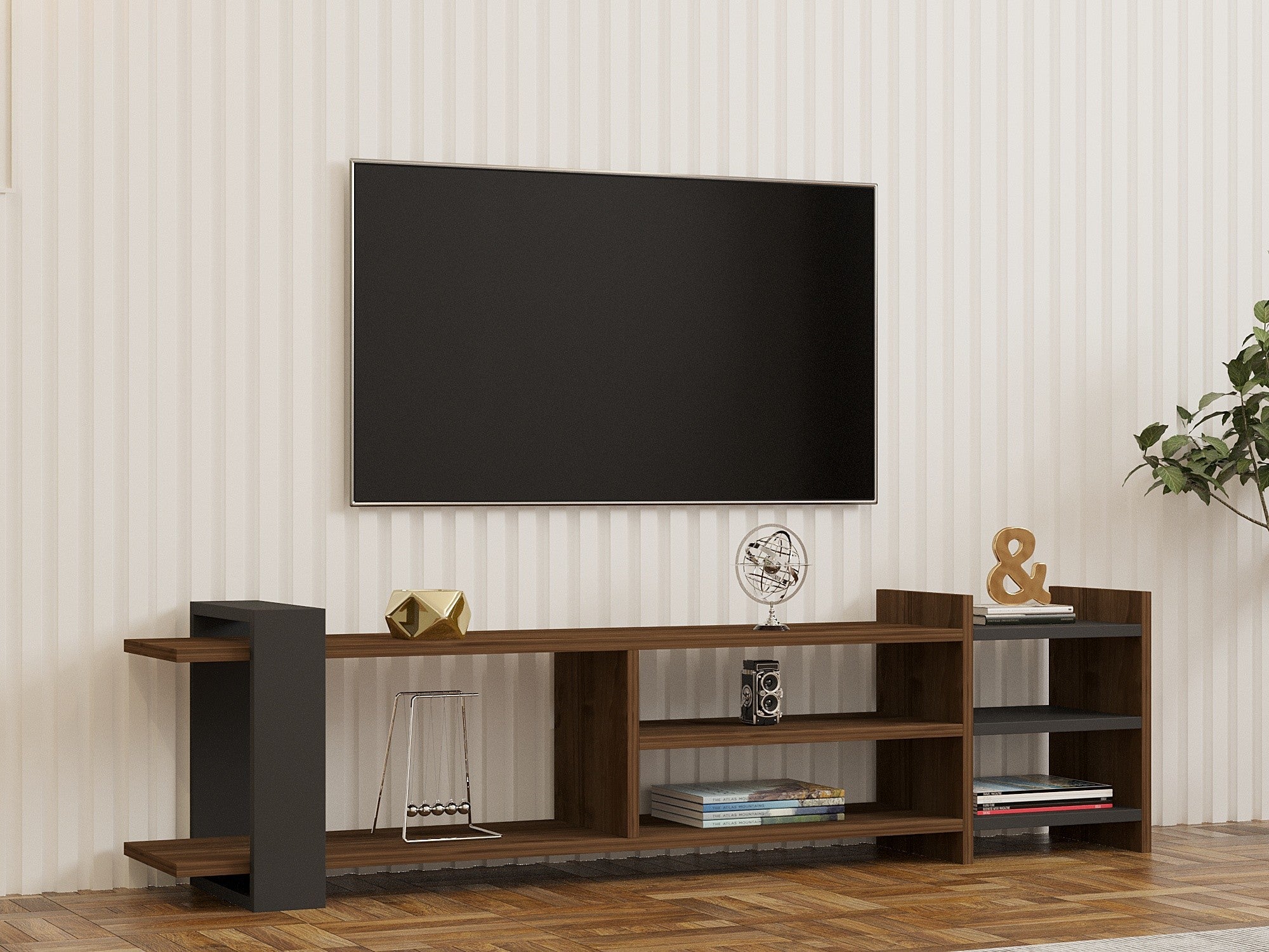 Móvel de TV – 156cm x 40cm x 29.6cm – Nogueira e Antracite – Painéis de partículas revestidos a melamina