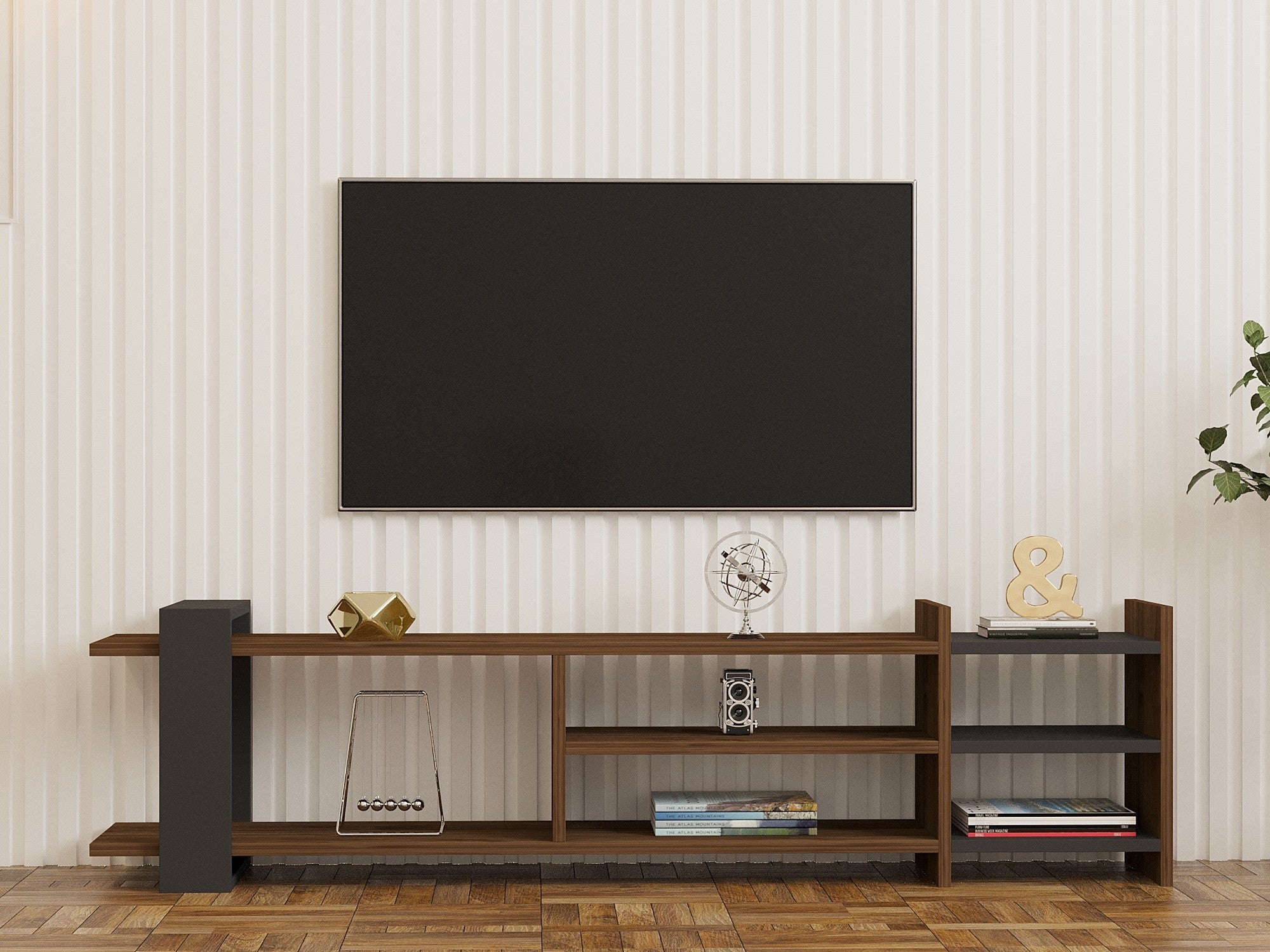 Móvel de TV – 156cm x 40cm x 29.6cm – Nogueira e Antracite – Painéis de partículas revestidos a melamina