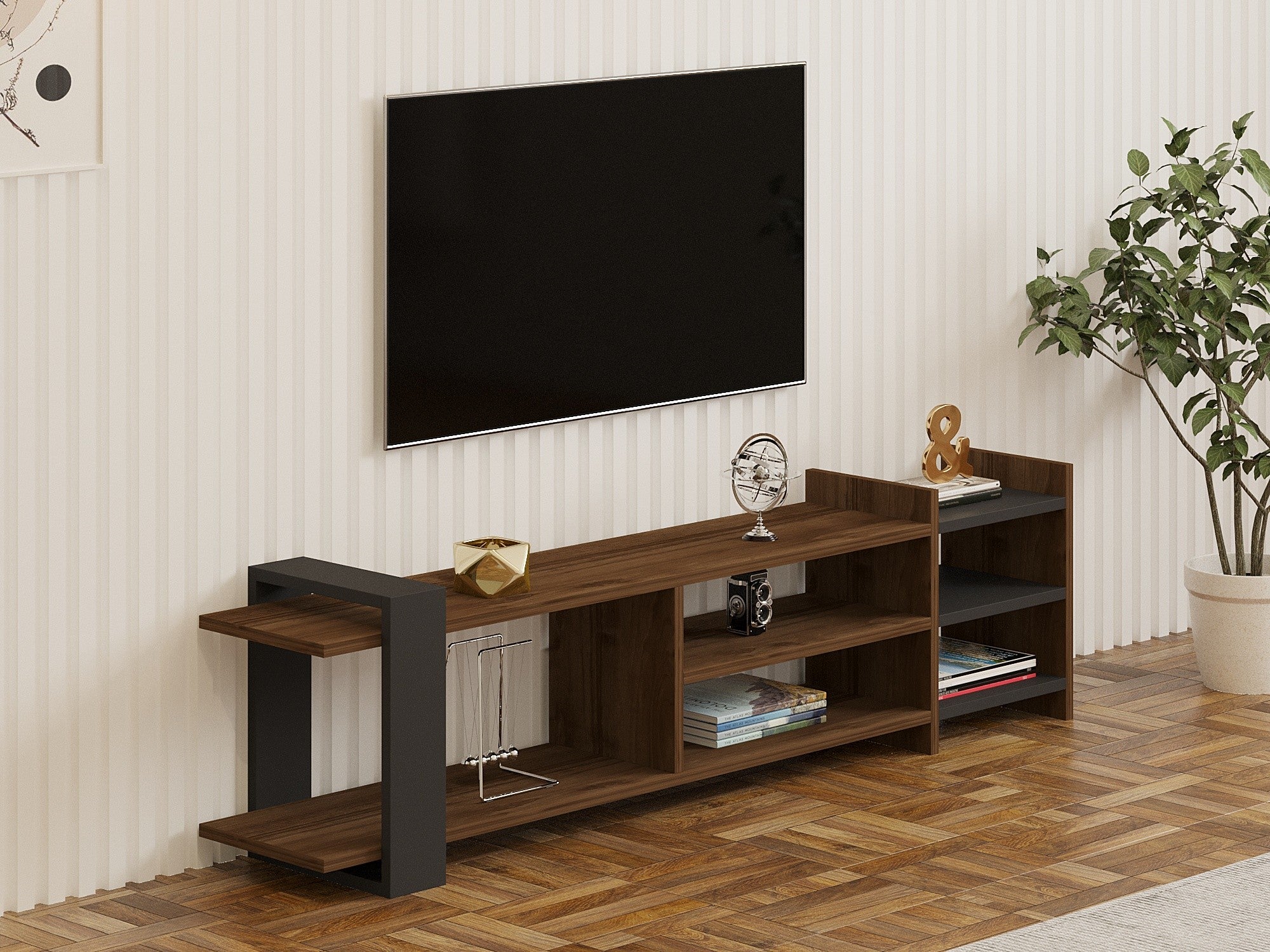 Móvel de TV – 156cm x 40cm x 29.6cm – Nogueira e Antracite – Painéis de partículas revestidos a melamina