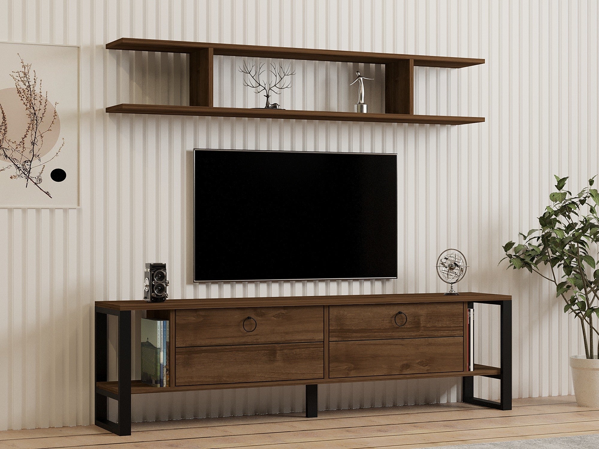 Móvel de TV rústico industrial – 160 cm x 45 cm x 30 cm – nogueira – painel de partículas revestido a melamina