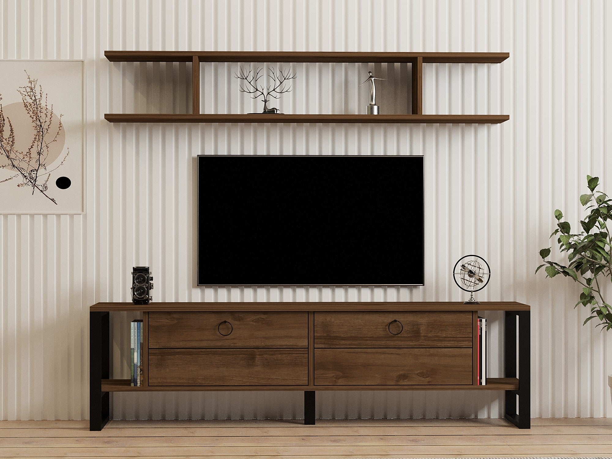 Móvel de TV rústico industrial – 160 cm x 45 cm x 30 cm – nogueira – painel de partículas revestido a melamina