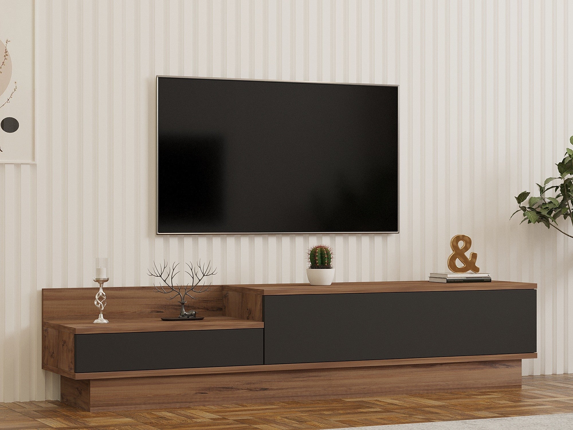 Móvel de TV – 160 cm x 35 cm x 35 cm – Pinho Atlântico e Antracite – Painel de partículas revestido a melamina