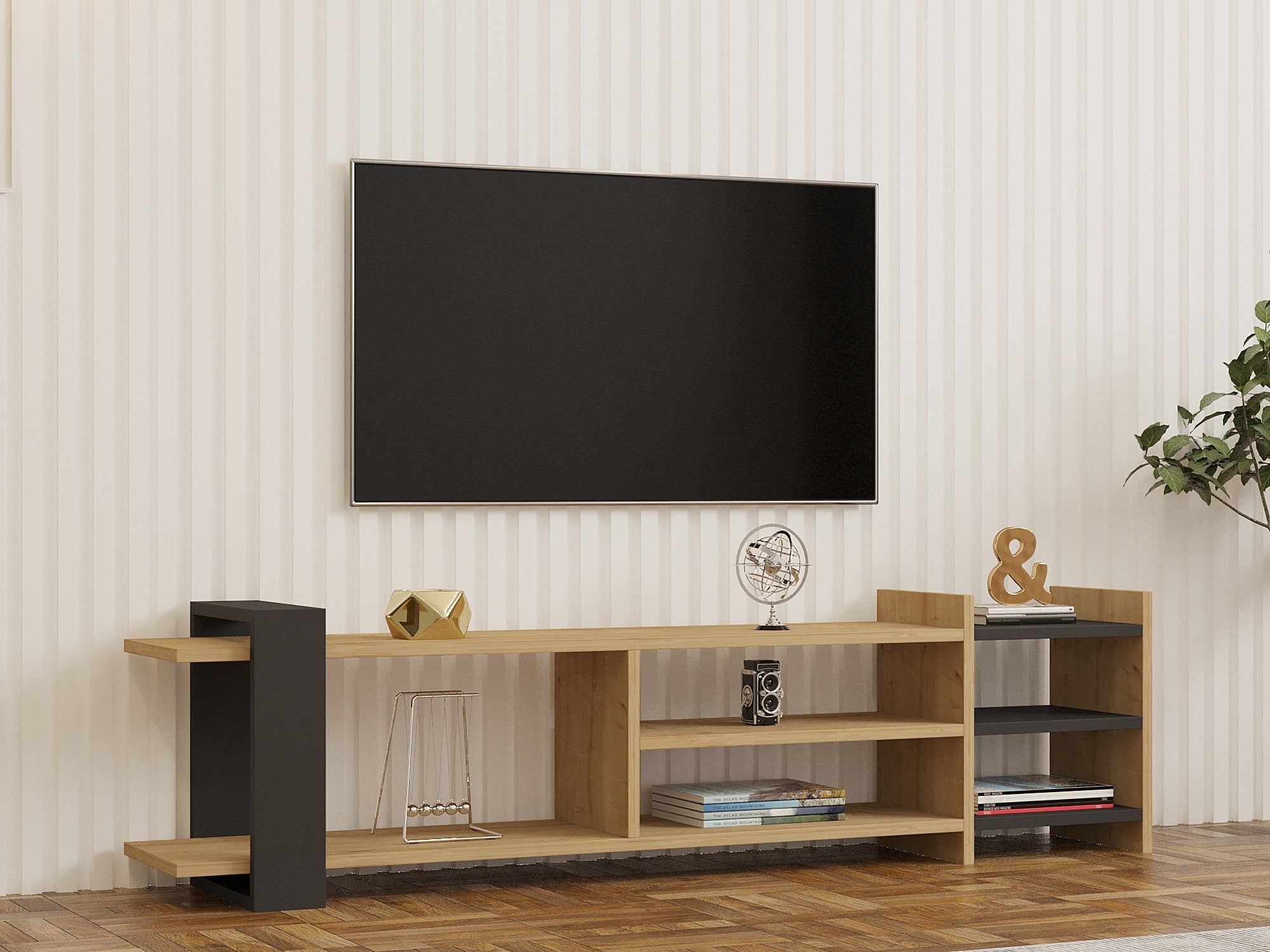 Móvel de TV – 153.6cm x 40cm x 26cm – Antracite e Safira – Painel de partículas