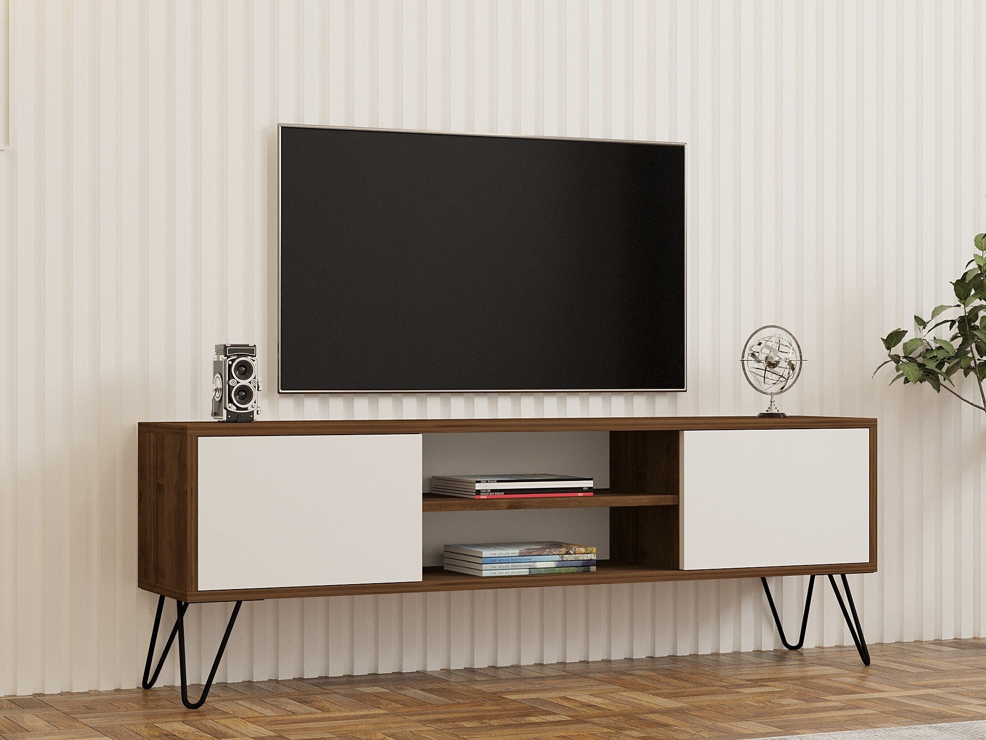 Móvel de TV – 140cm x 50cm x 30cm – Nogueira e Branco – Painel de partículas revestido a melamina