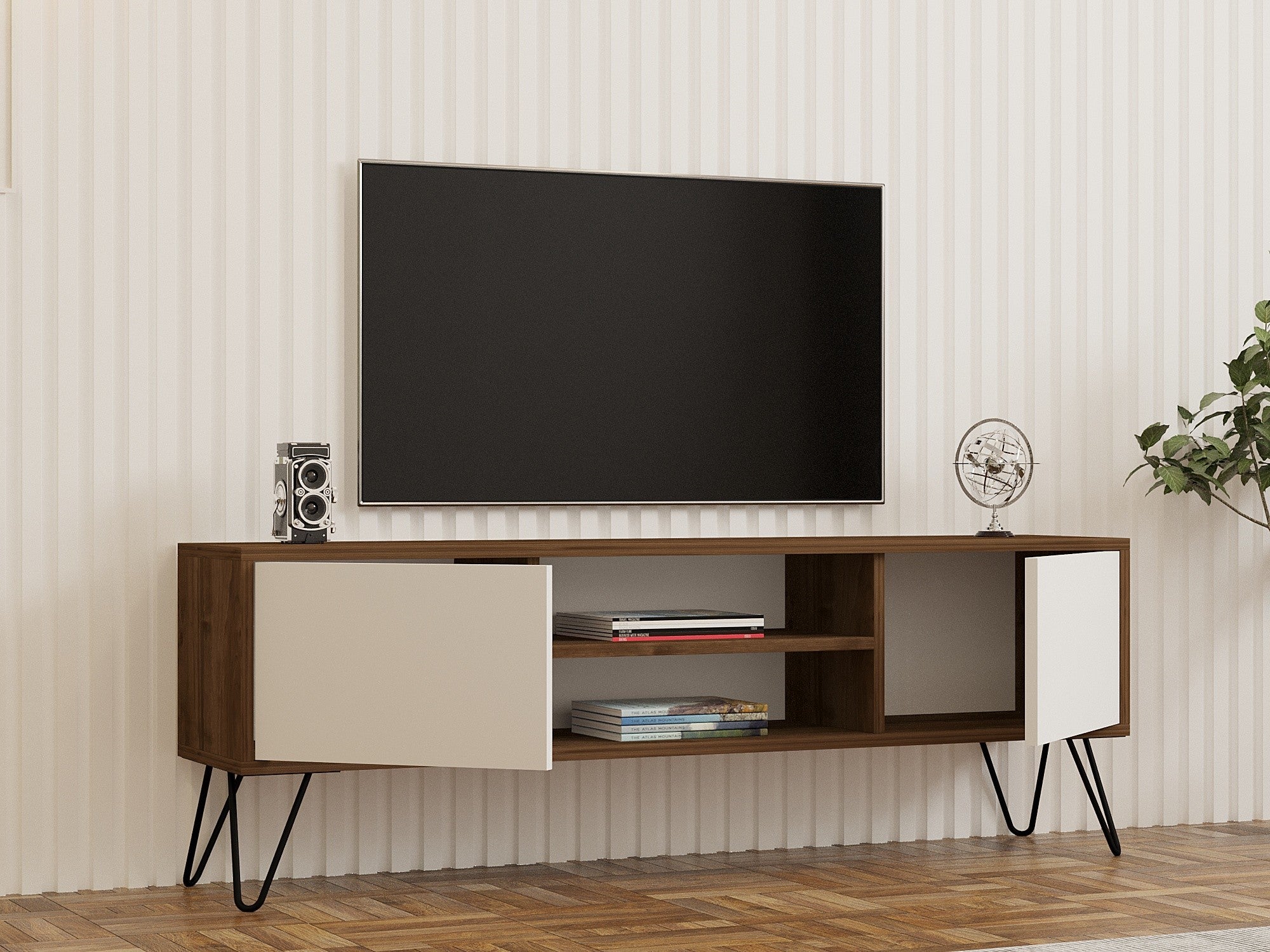 Móvel de TV – 140cm x 50cm x 30cm – Nogueira e Branco – Painel de partículas revestido a melamina