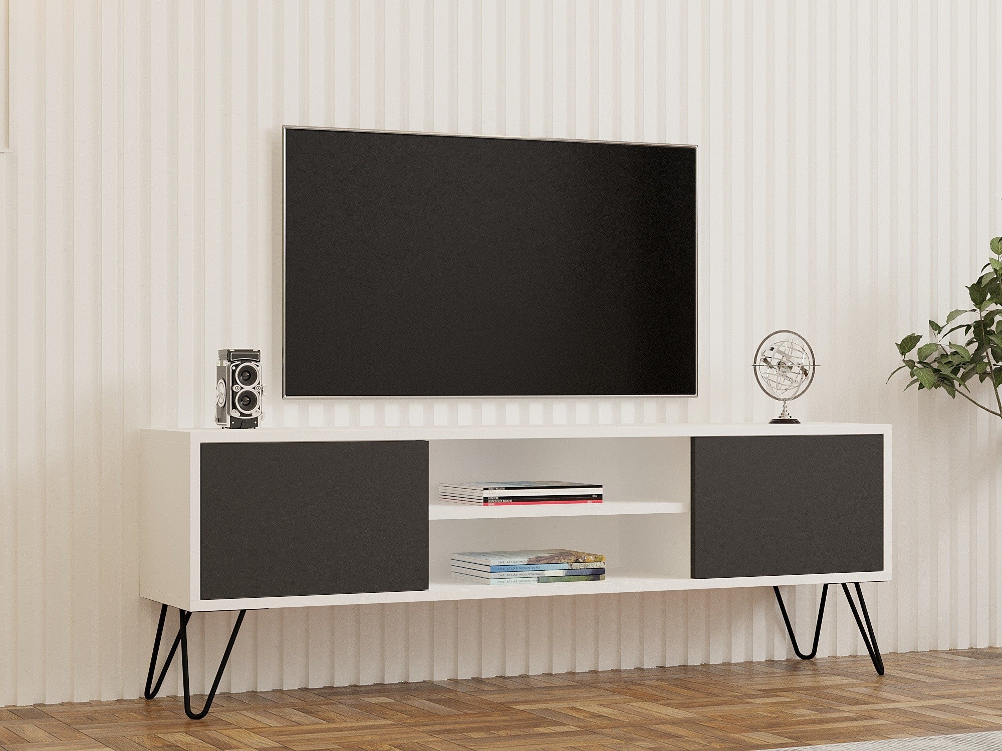 Móvel de TV – 140 cm de largura – Branco e antracite – Painel de partículas revestido de melamina