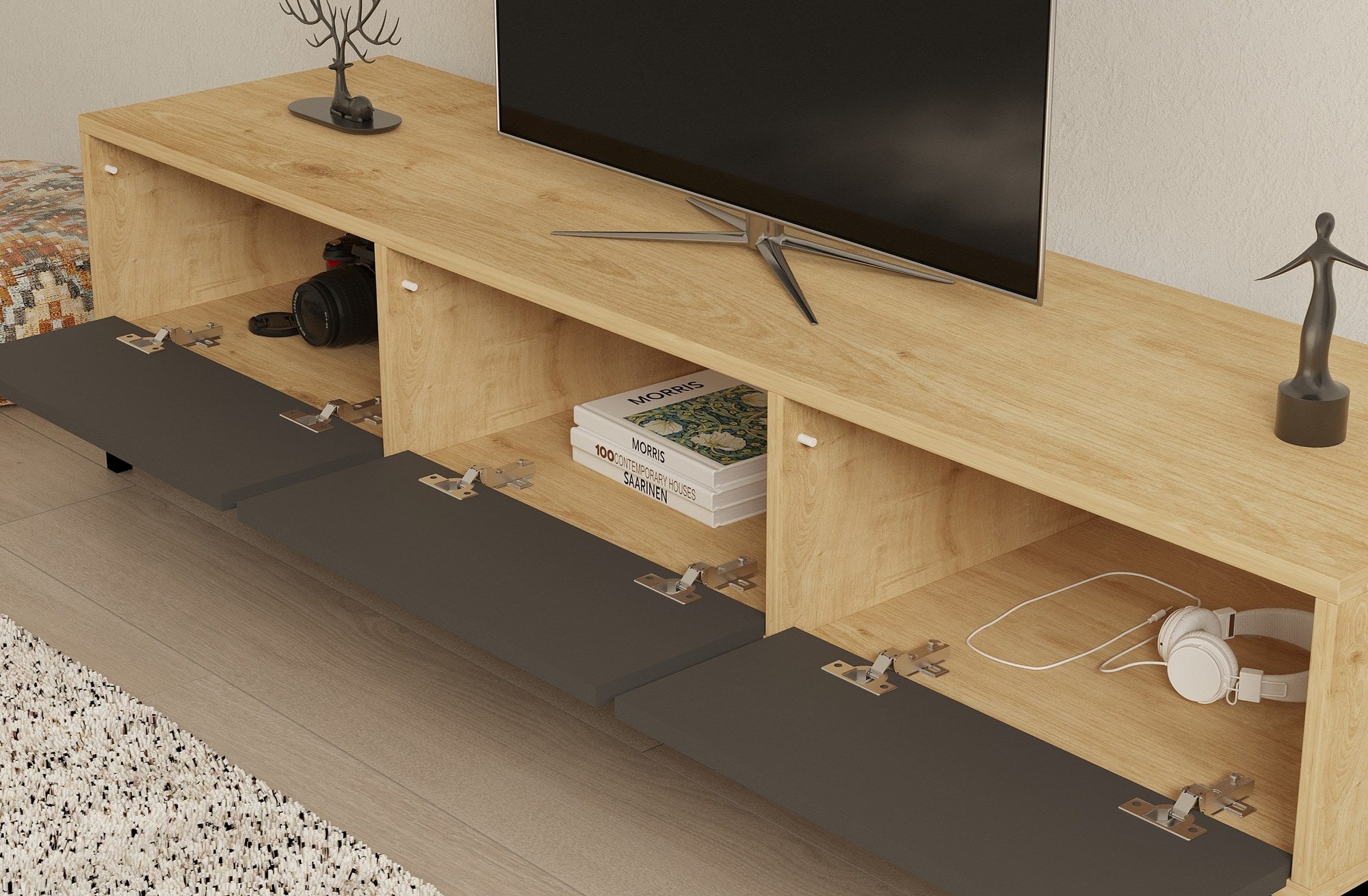 Móvel de TV – 160cm x 40cm x 40cm – Preto, Antracite e Safira – Melamina