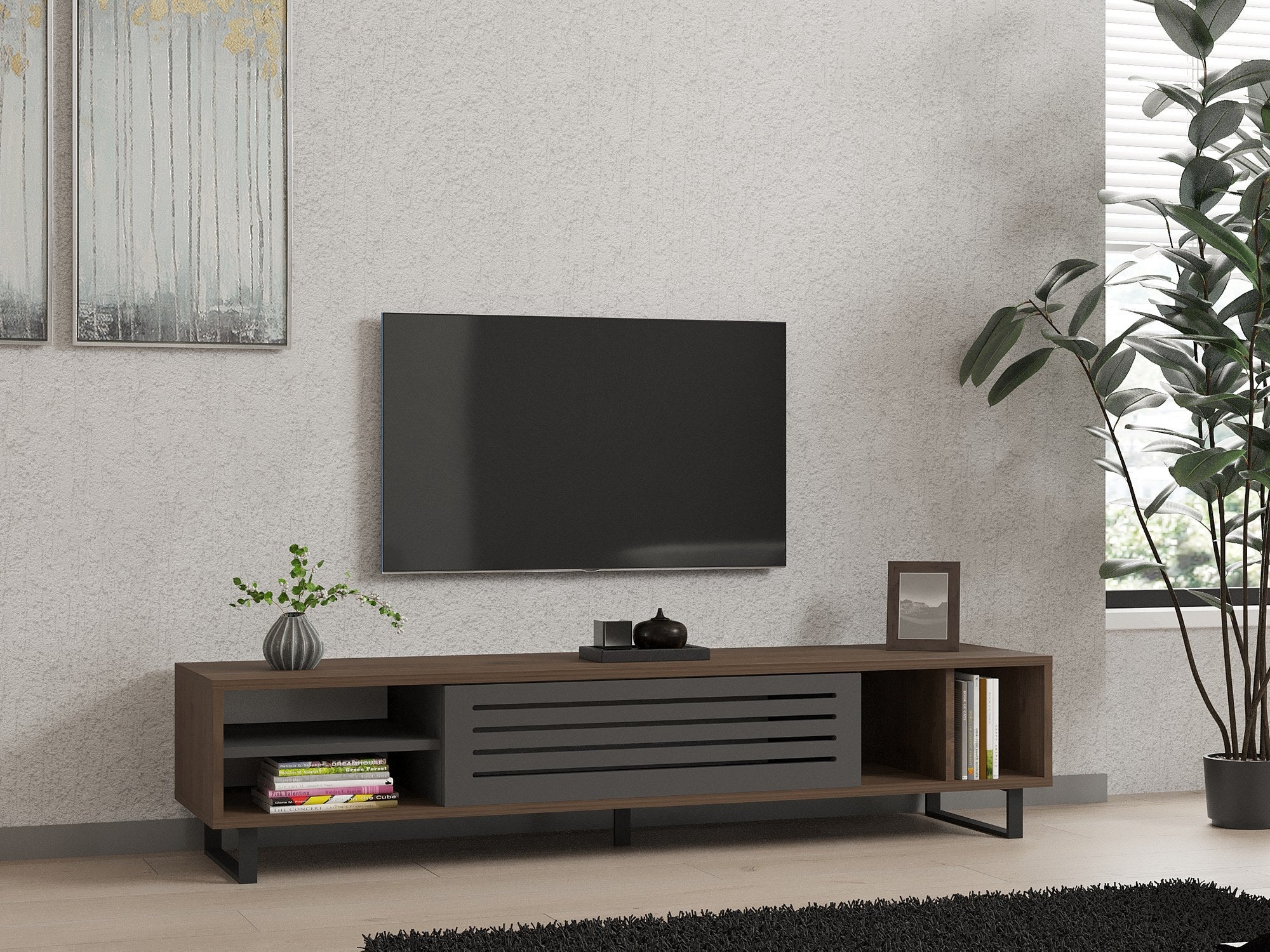 Móvel de TV – 160 x 35 x 40 cm – nogueira e antracite – painel de partículas revestido de melamina