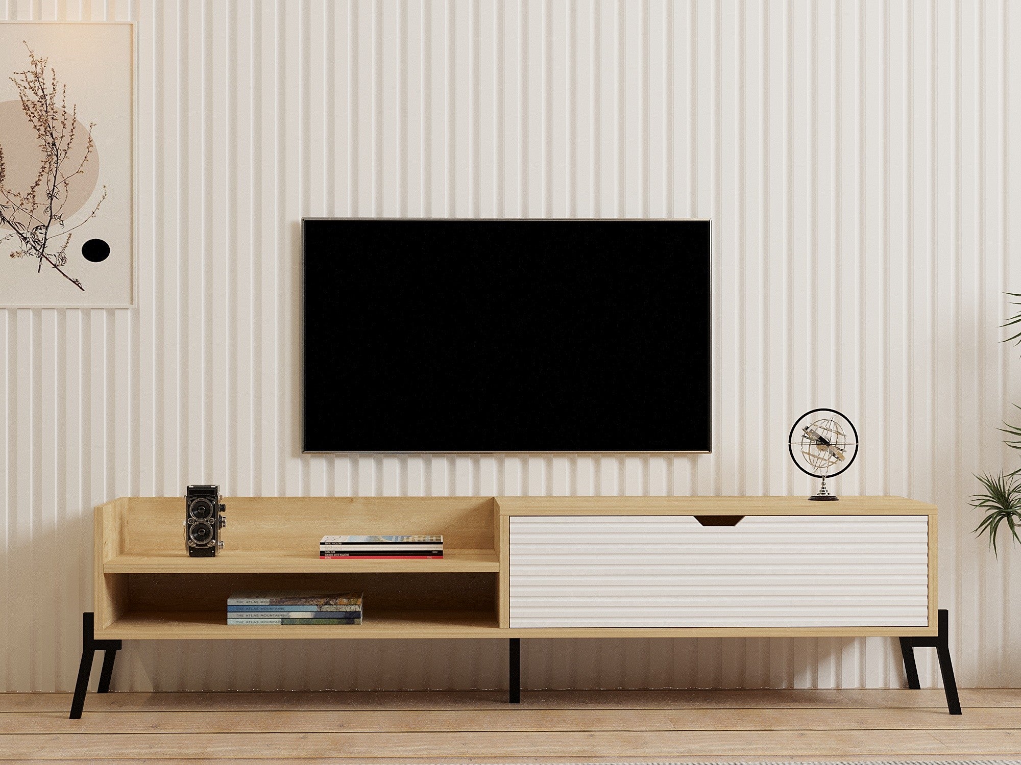 Móvel de TV – 160x36x40cm – Carvalho safira e branco – Painel de partículas revestido a melamina