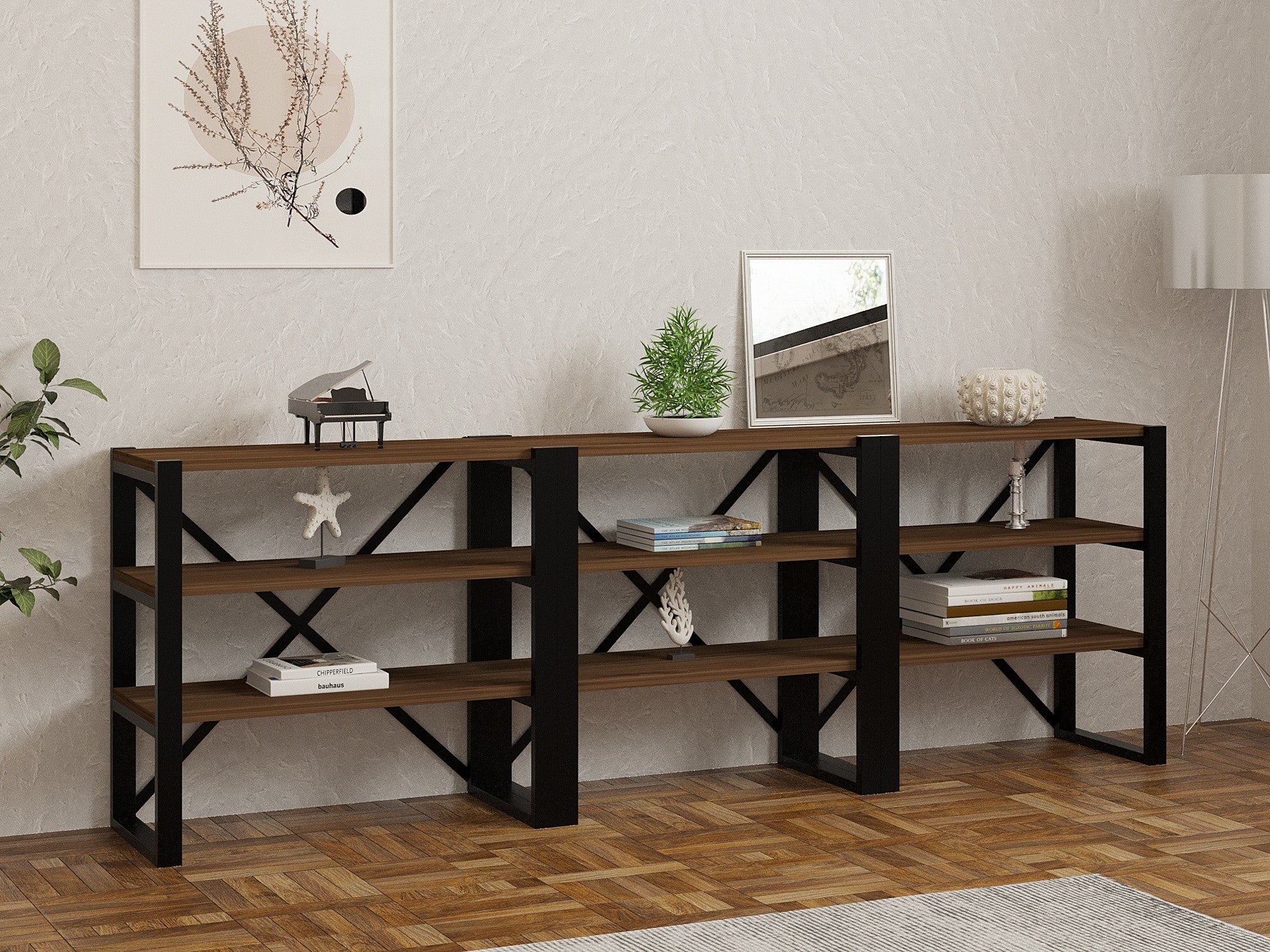 Aparador Industrial – 210 x 58,5 x 32 cm – Nogueira e Preto – Painéis de Partículas com Revestimento em Melamina