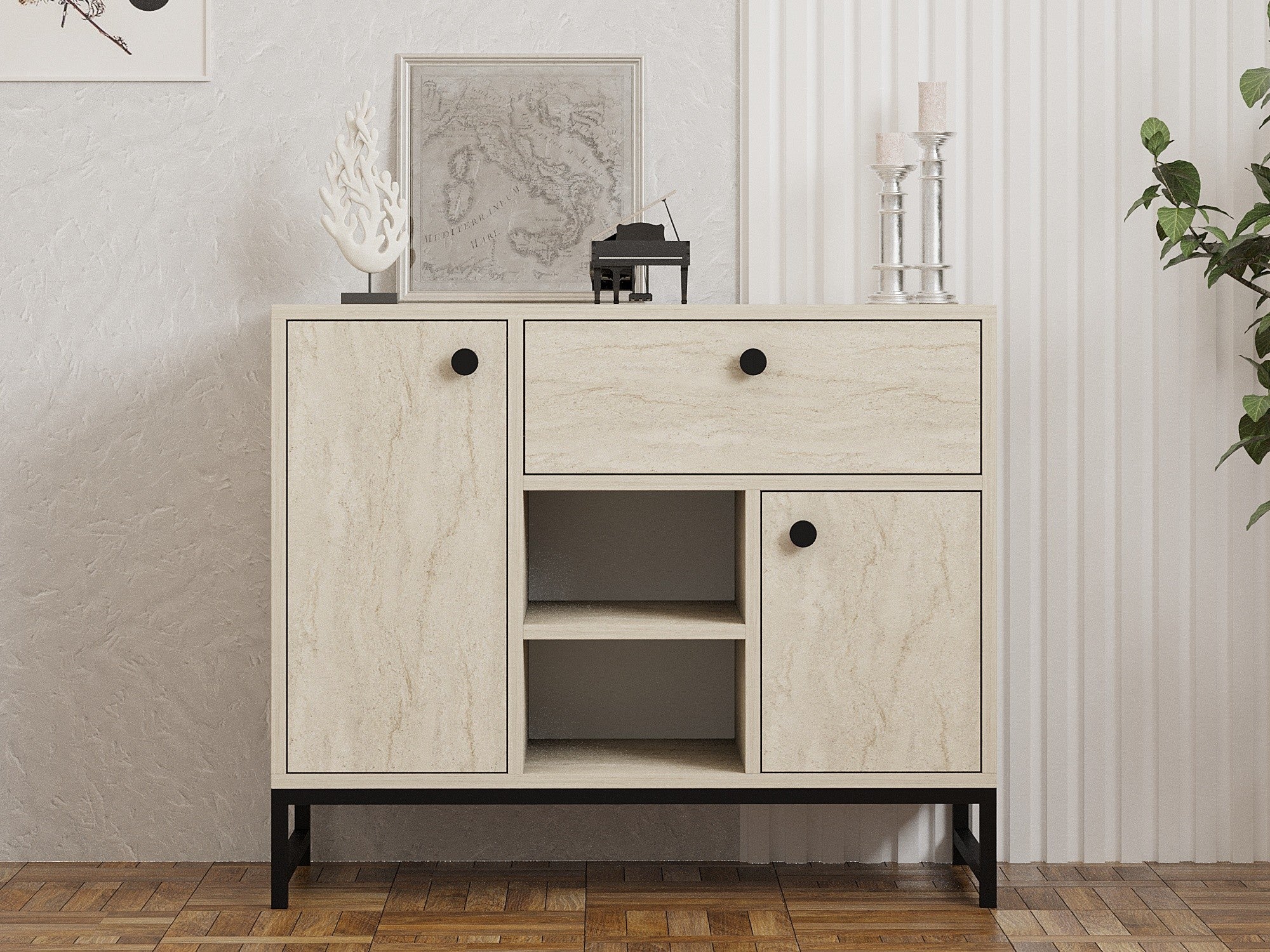 Aparador de MDF revestido de melamina – 90cm x 75cm x 40cm – cor travertino – material MDF