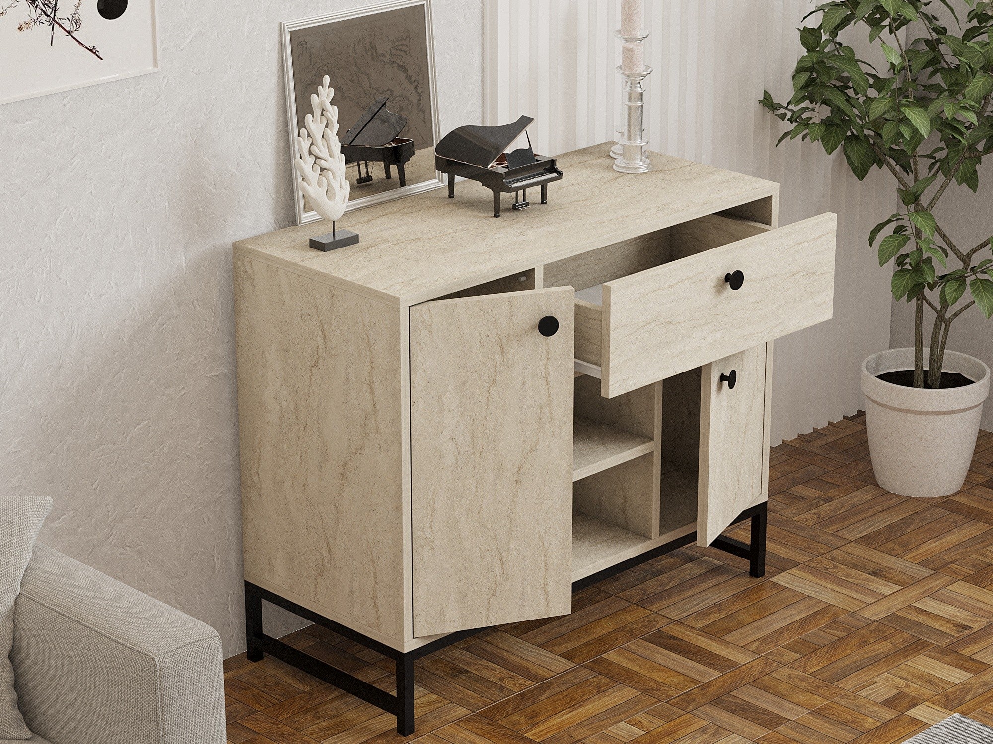 Aparador de MDF revestido de melamina – 90cm x 75cm x 40cm – cor travertino – material MDF
