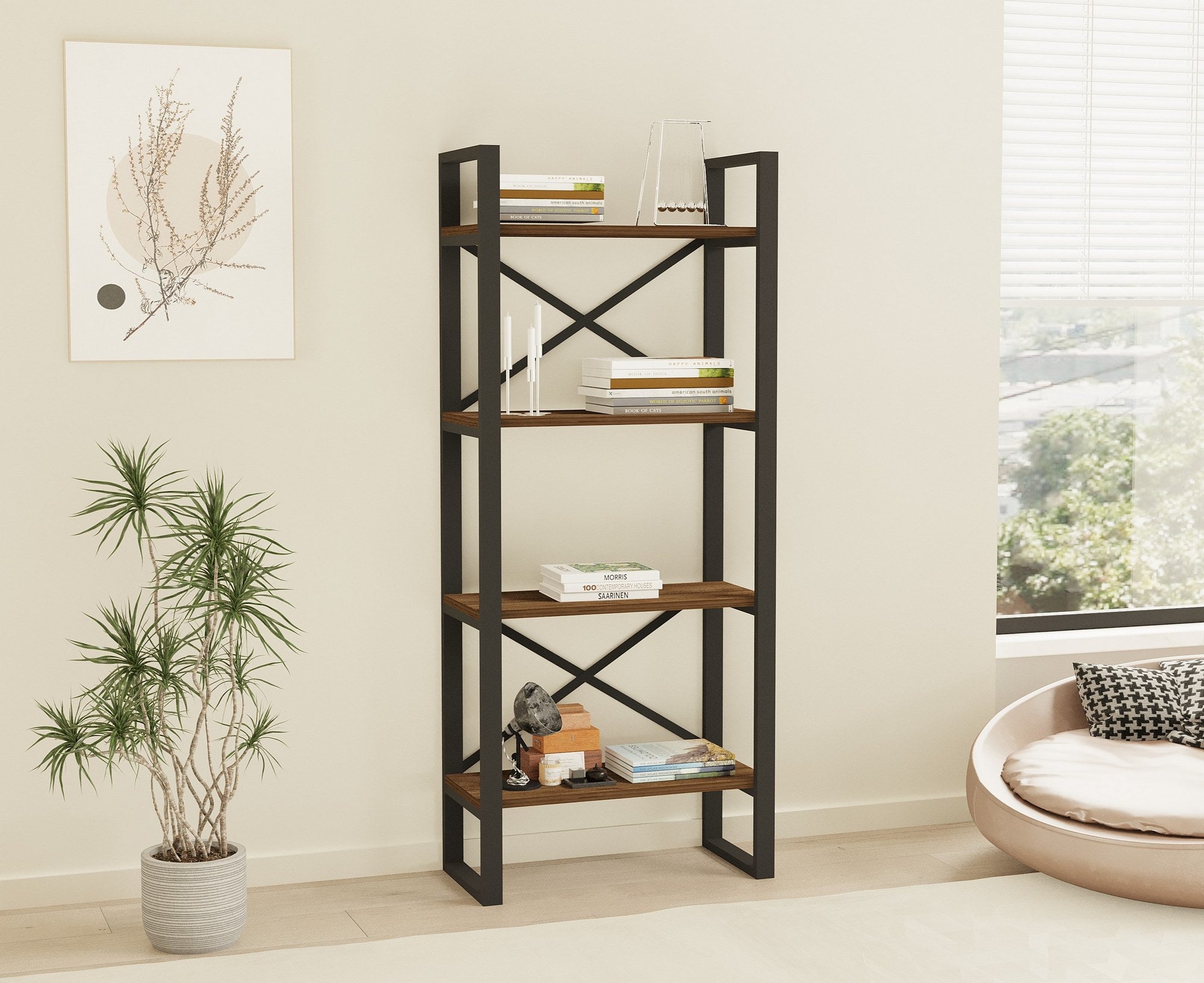 Estante industrial em nogueira – 66 cm x 150 cm x 32 cm – metal