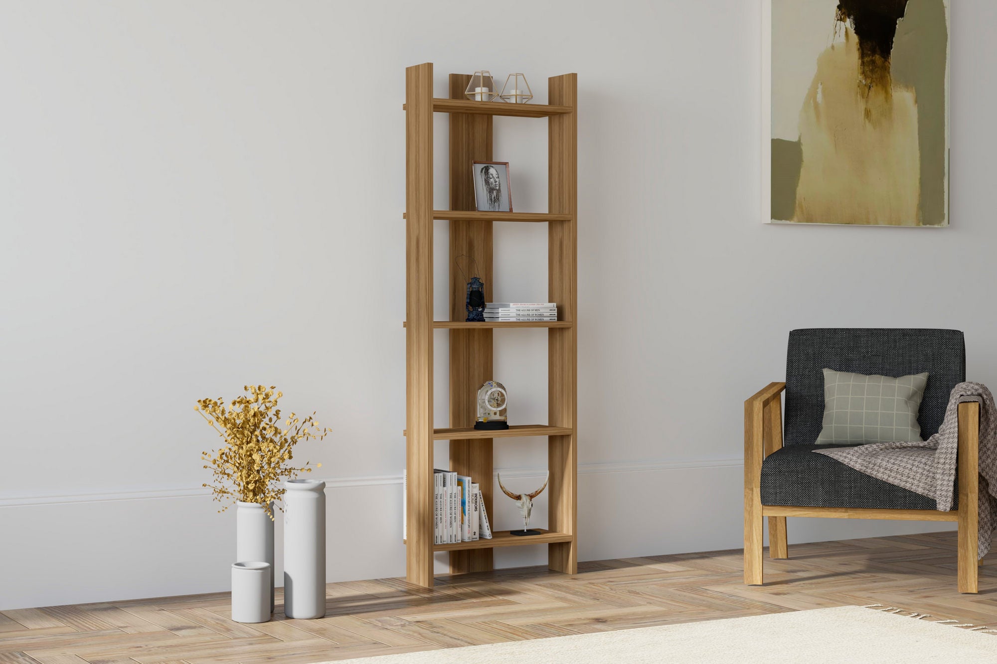 Estante estilo escandinavo – 52,4 x 149 x 22,6 cm – nogueira – painel de partículas revestido de melamina