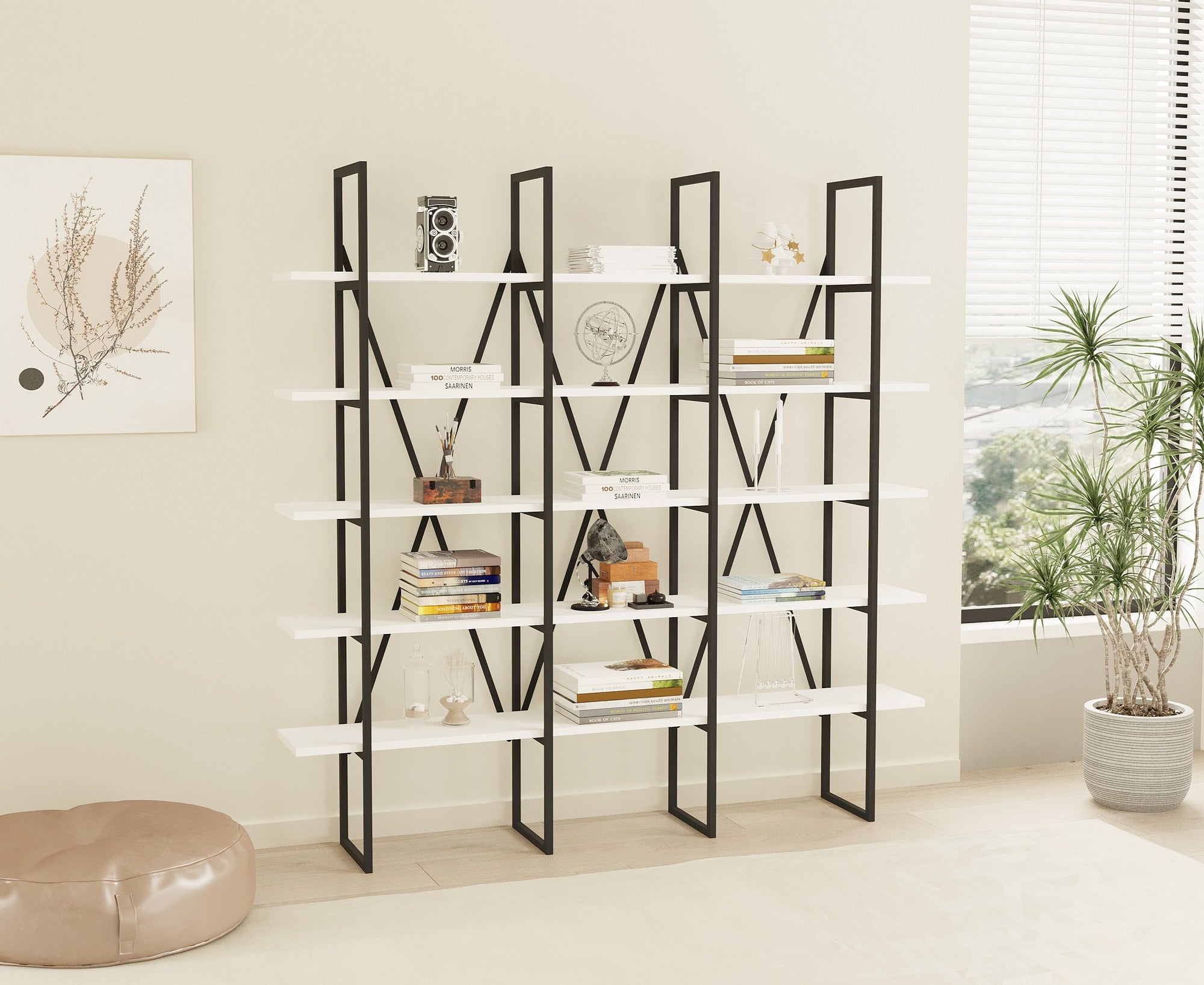 Estante de livros – 160cm x 160cm x 26cm – Preto e Branco – Metal e Painel de Partículas