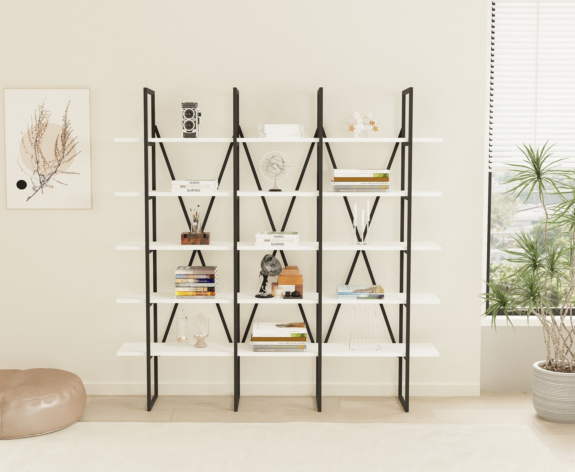 Estante de livros – 160cm x 160cm x 26cm – Preto e Branco – Metal e Painel de Partículas