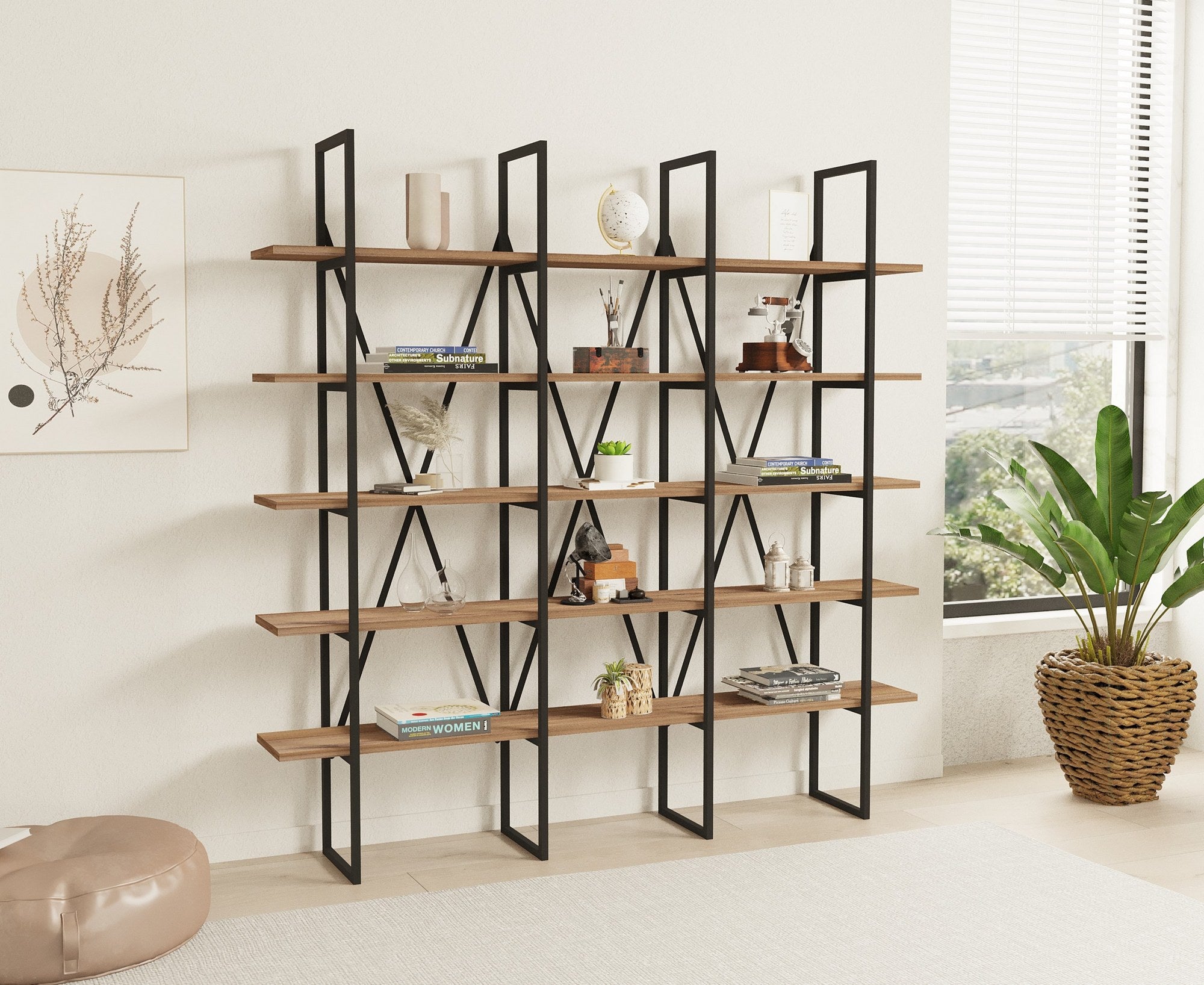 Estante de livros – 160 x 160 x 26 cm – Preto e Pinho Atlântico – Painel de partículas revestido a melamina, Estrutura metálica