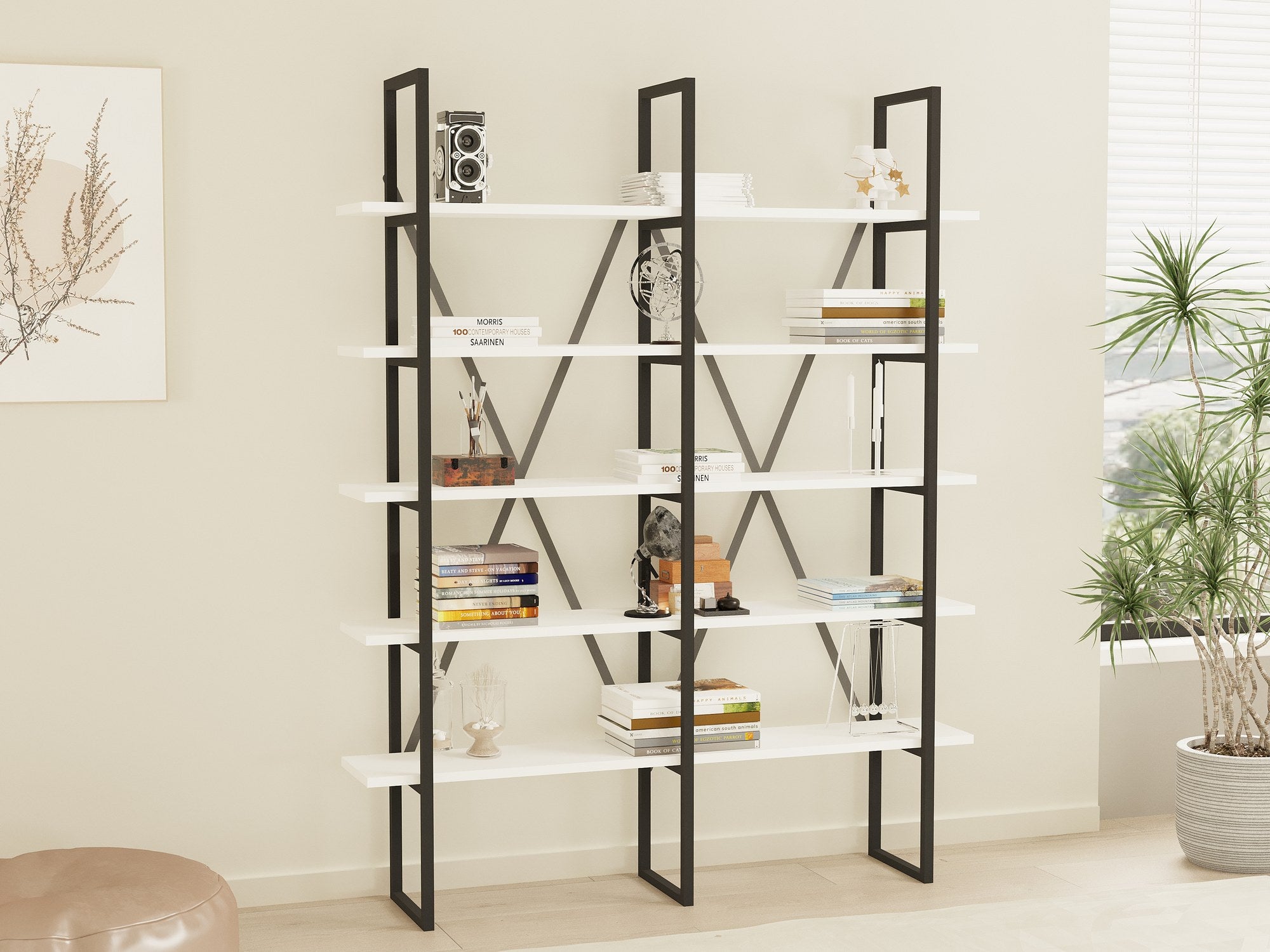 Estante de livros – 126 cm x 160 cm x 26 cm – Branco e Preto – Painel de partículas revestido a melamina e Metal