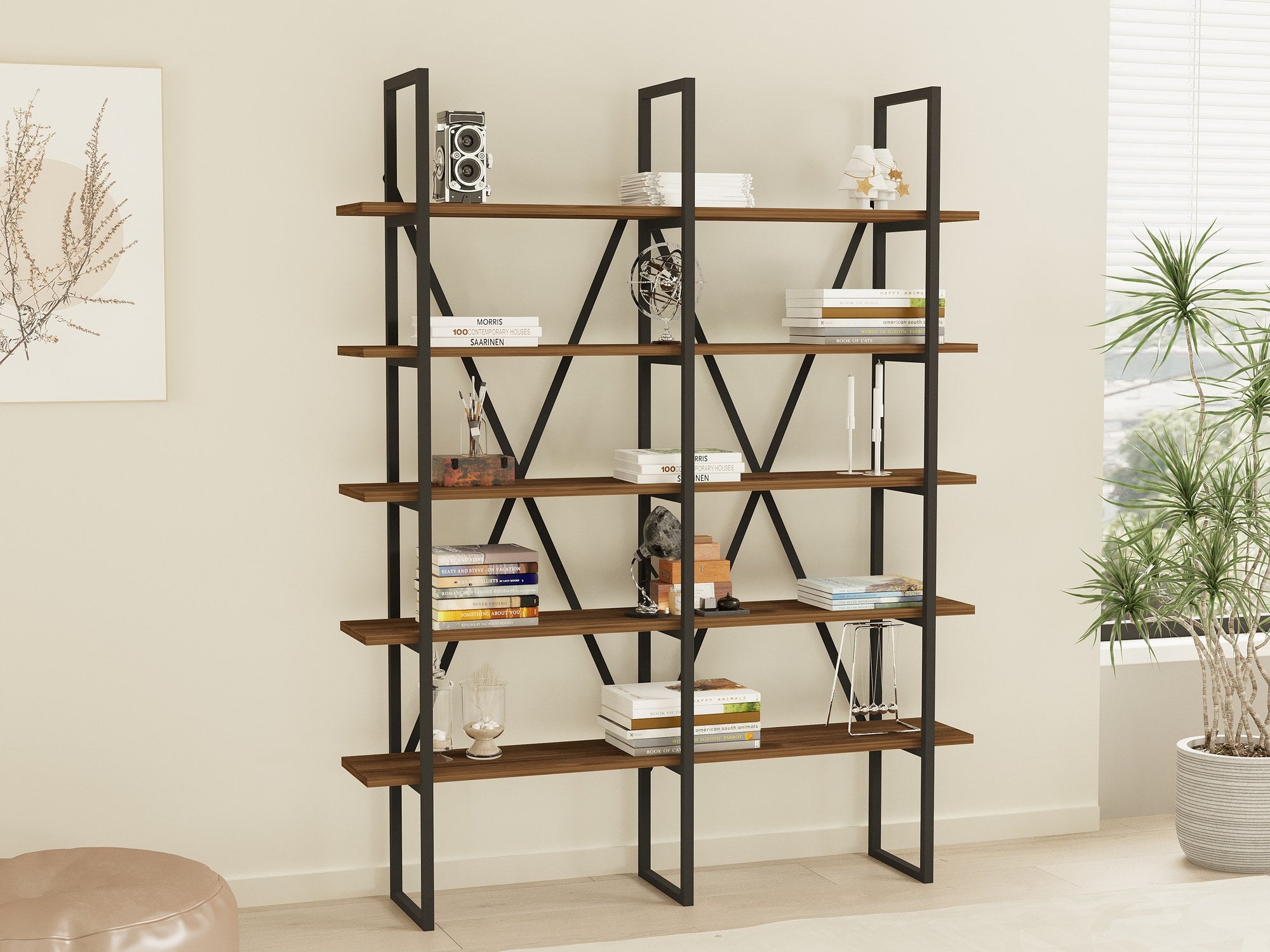 Estante de Livros Moderna – 126 x 160 x 26 cm – Nogueira e Preto – Painéis de Partículas e Metal