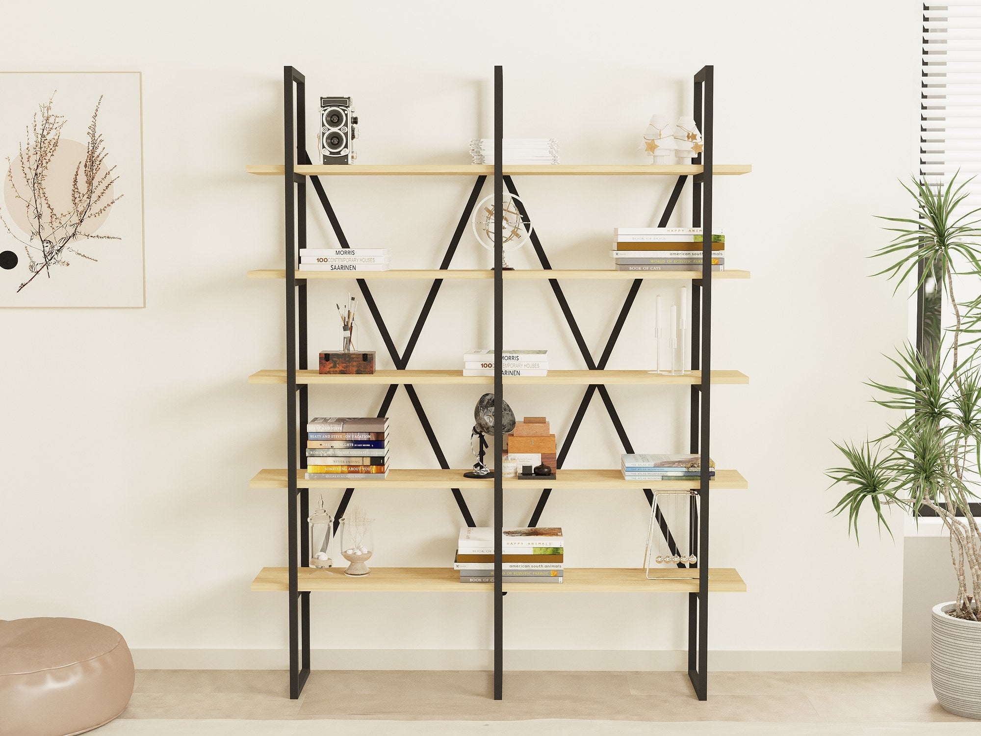 Estante de livros – 126cm x 160cm x 26cm – Safira e Preto – Painel de partículas revestido a melamina e Metal