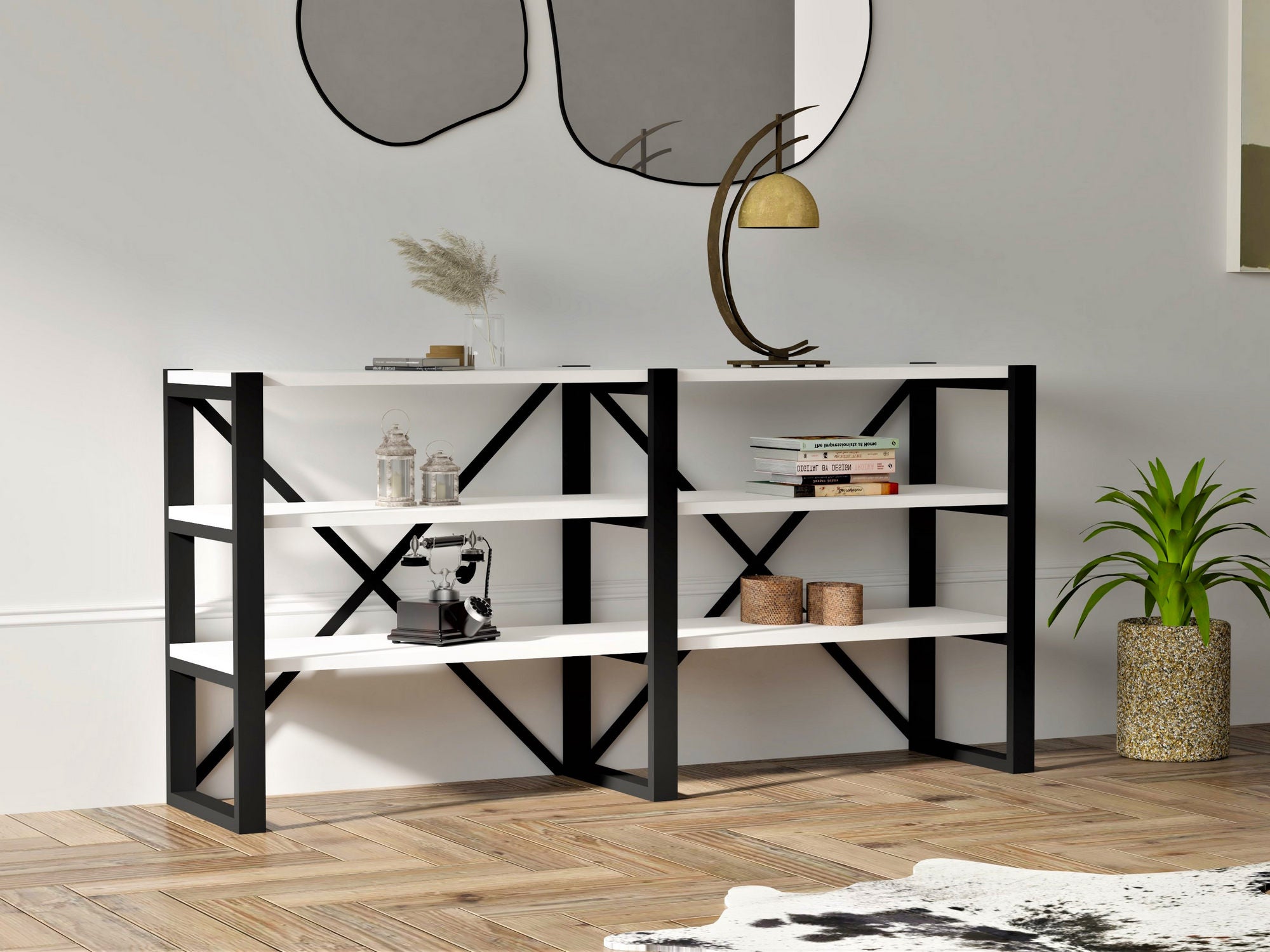 Estante de livros – 133.2 cm x 65 cm x 32.1 cm – Branco e Preto – Painéis de partículas revestidos a melamina